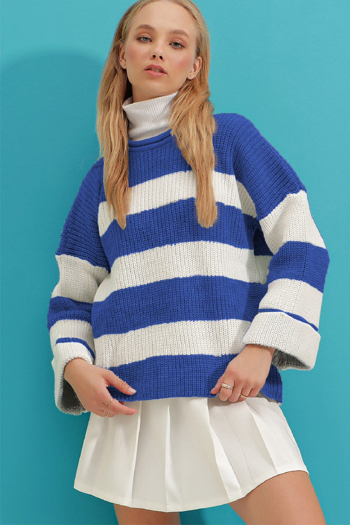 Bisiklet Yaka Duble Kol Çizgili Triko Kazak - Saks