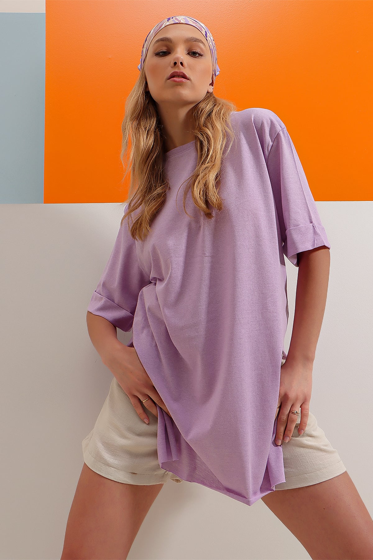 Bisiklet Yaka Duble Kol Oversize Pamuklu Basic T-Shirt - Lila
