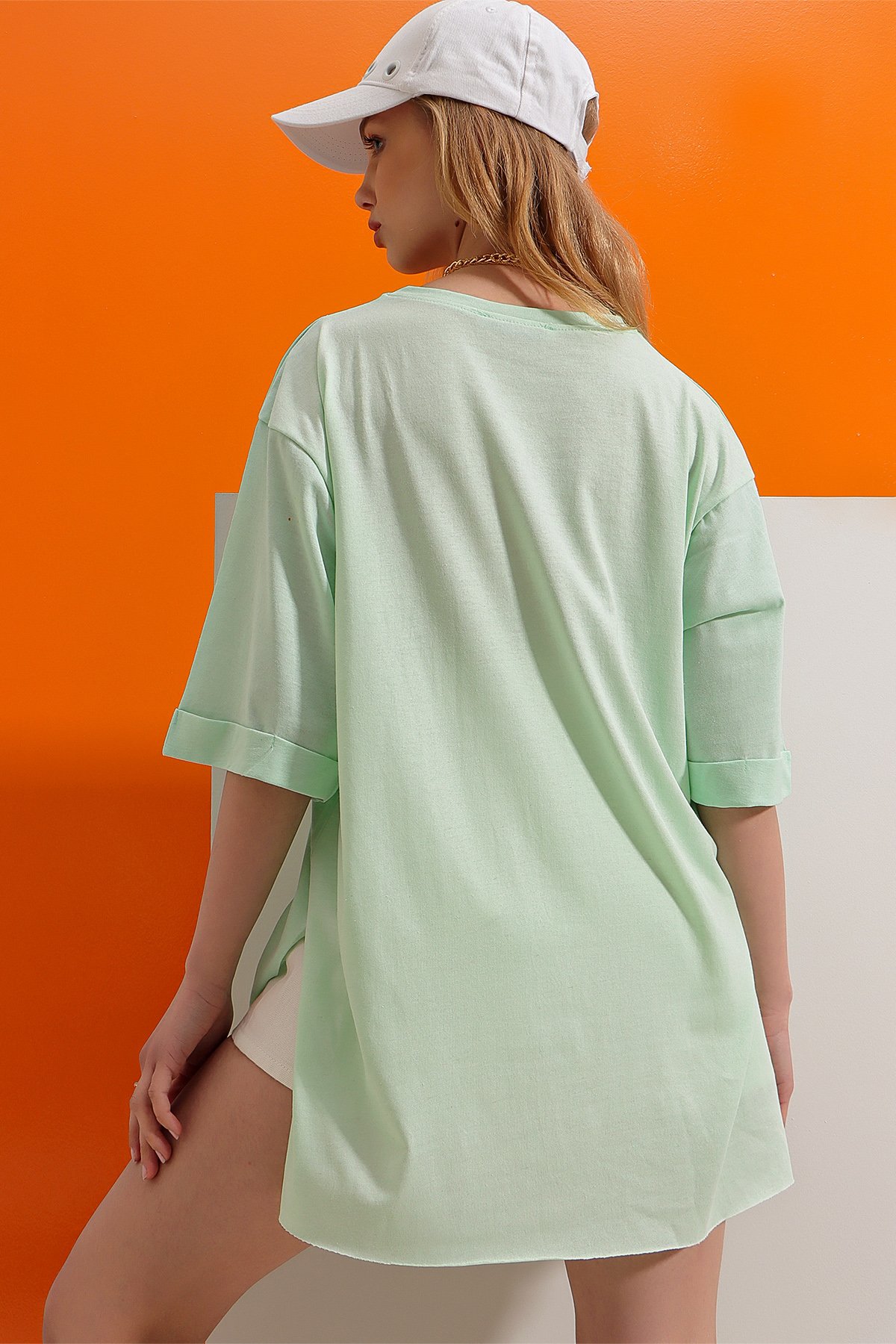 Bisiklet Yaka Duble Kol Oversize Pamuklu Basic T-Shirt - Mint