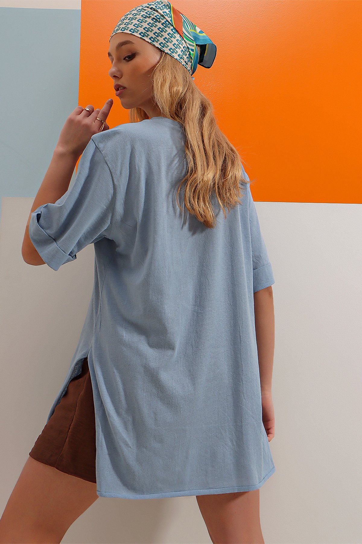 Bisiklet Yaka Duble Kol Oversize Pamuklu Basic T-Shirt - Gök Mavi