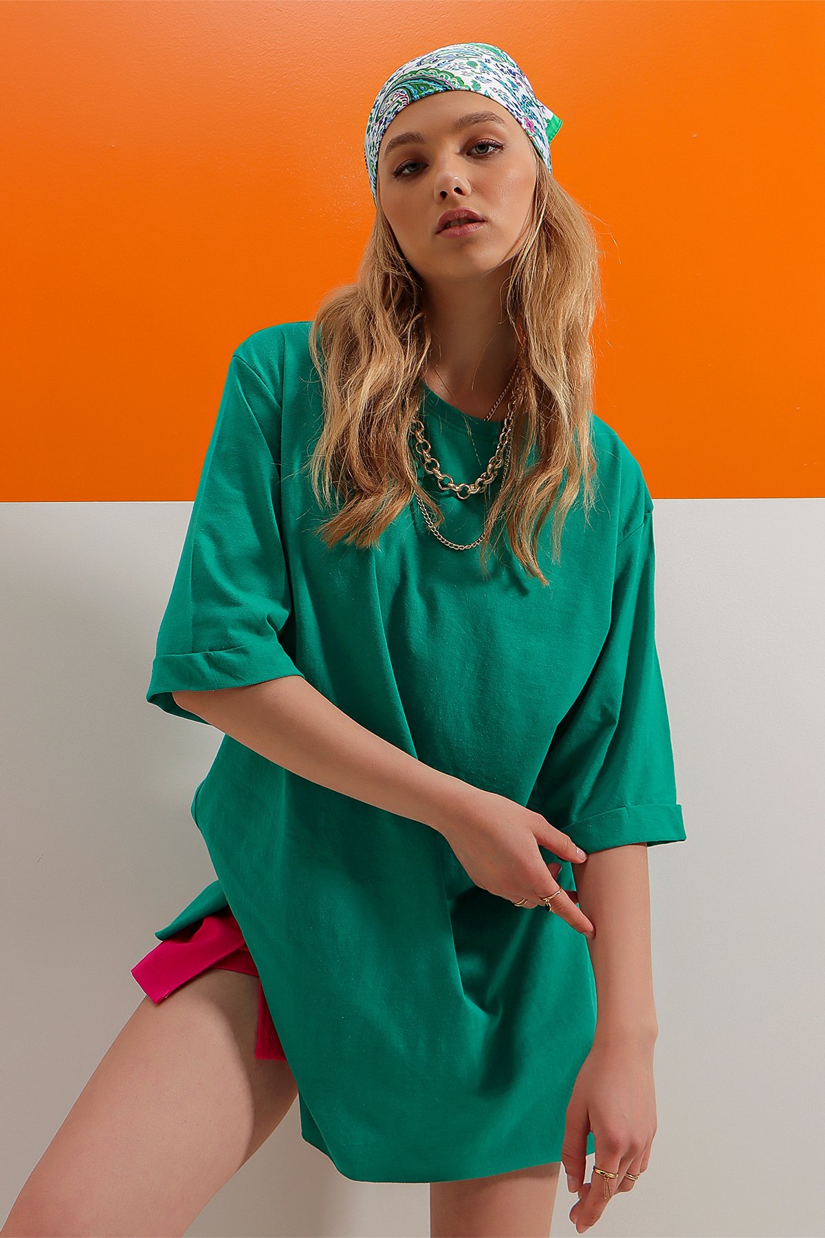 Bisiklet Yaka Duble Kol Oversize Pamuklu Basic T-Shirt - Yeşil