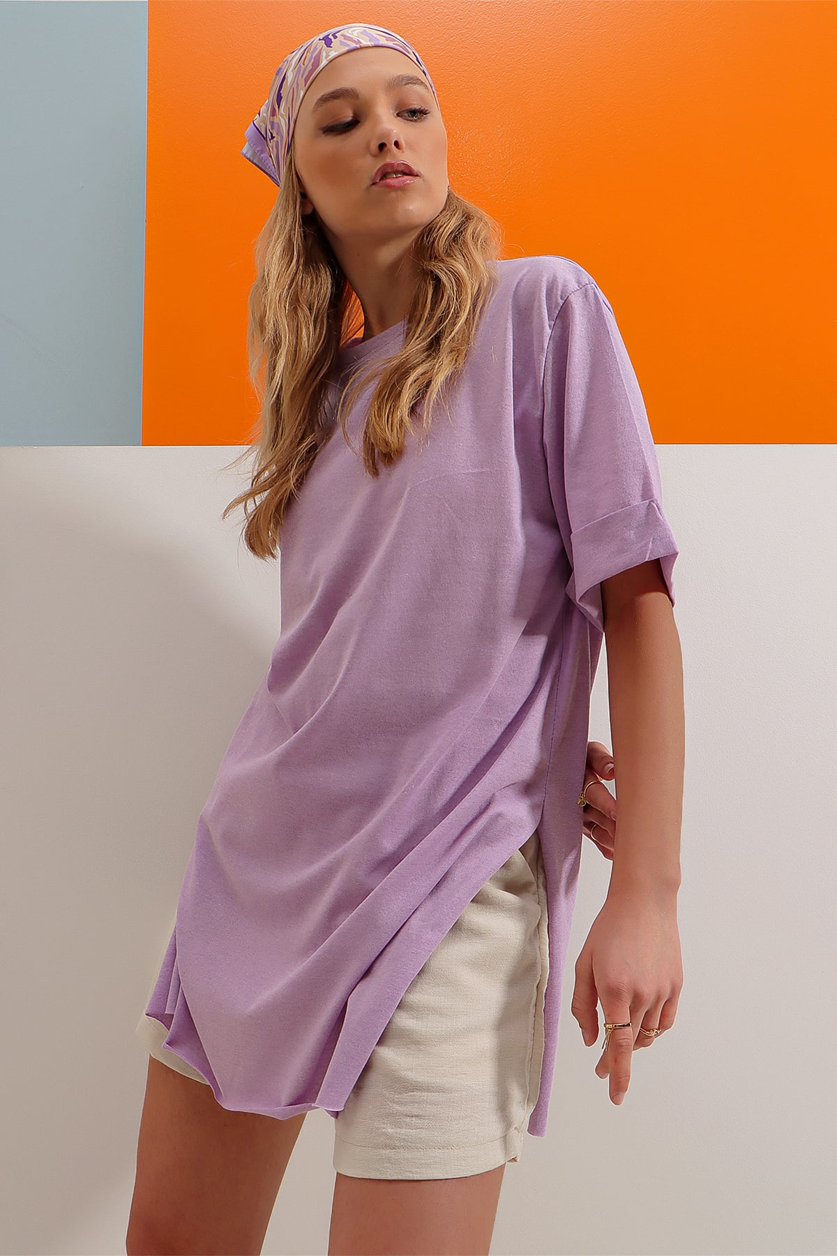 Bisiklet Yaka Duble Kol Oversize Pamuklu Basic T-Shirt - Lila