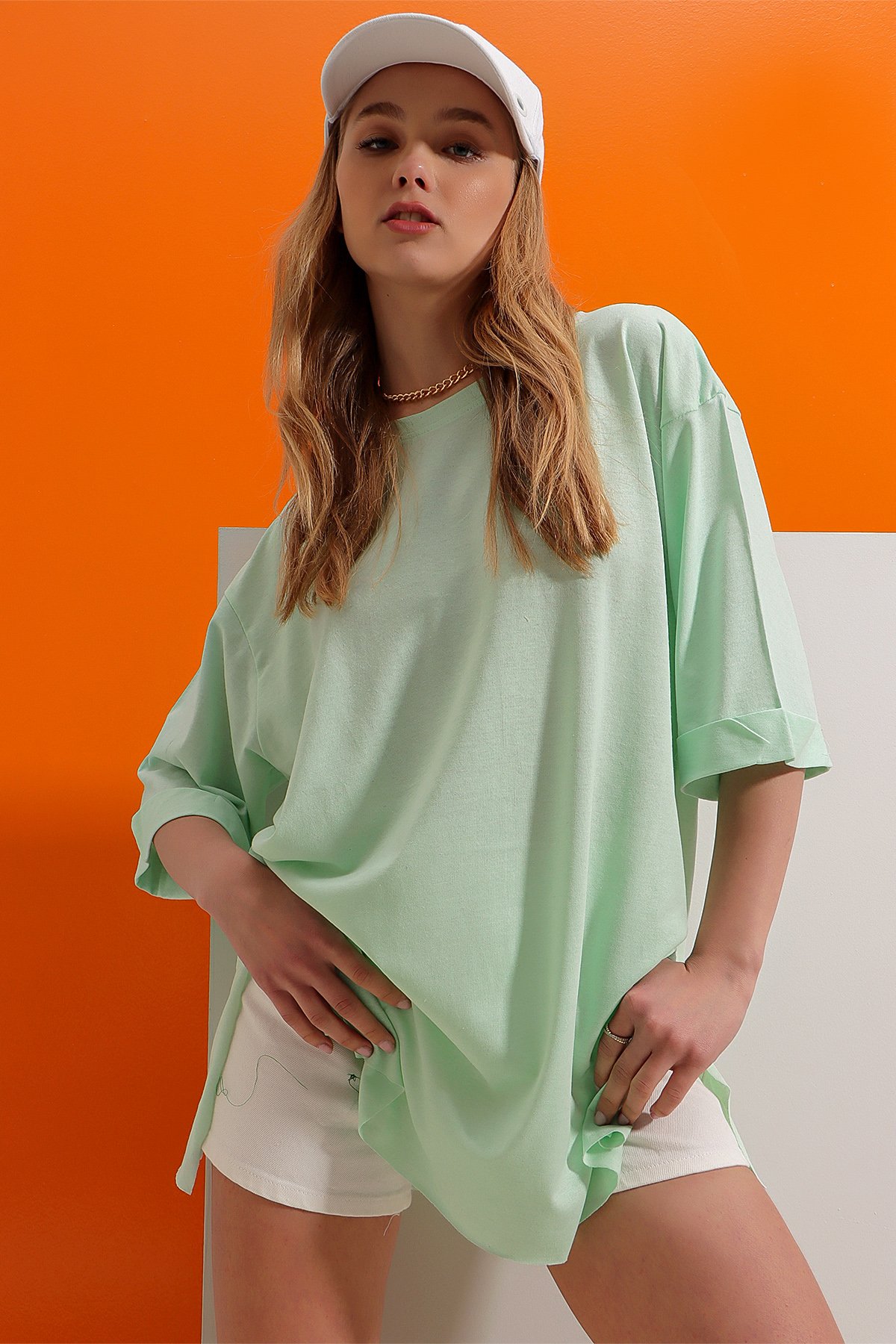 Bisiklet Yaka Duble Kol Oversize Pamuklu Basic T-Shirt - Mint