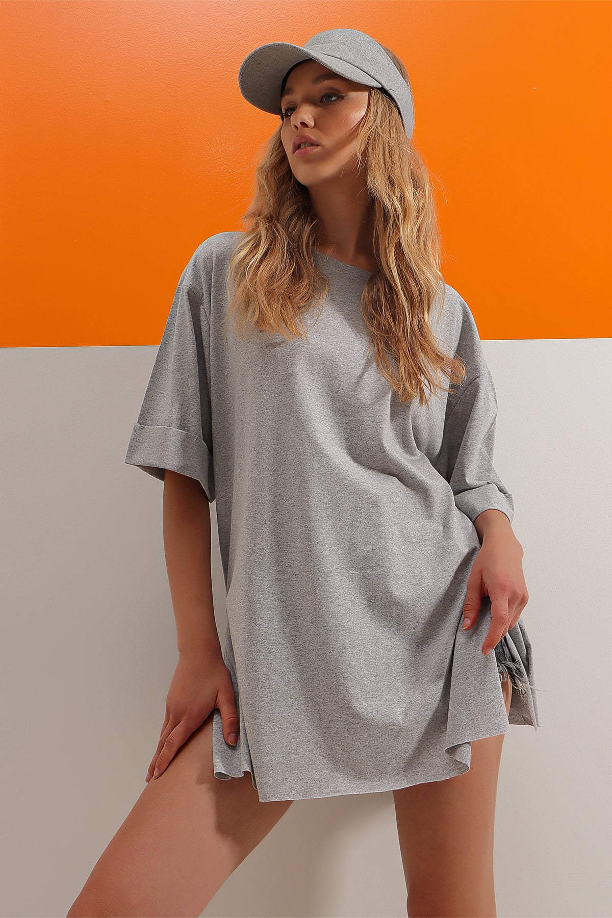 Bisiklet Yaka Duble Kol Oversize Pamuklu Basic T-Shirt - Gri