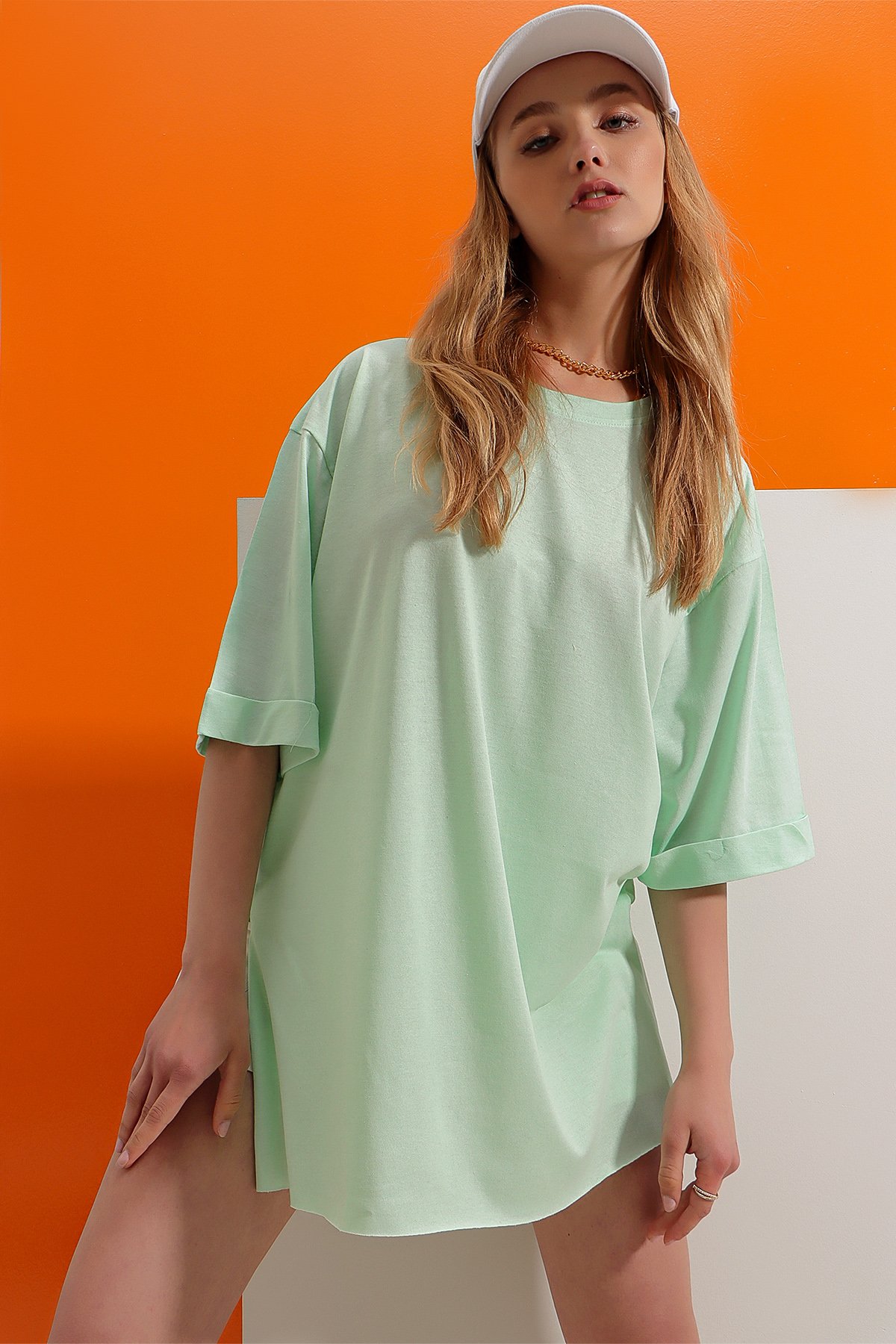 Bisiklet Yaka Duble Kol Oversize Pamuklu Basic T-Shirt - Mint