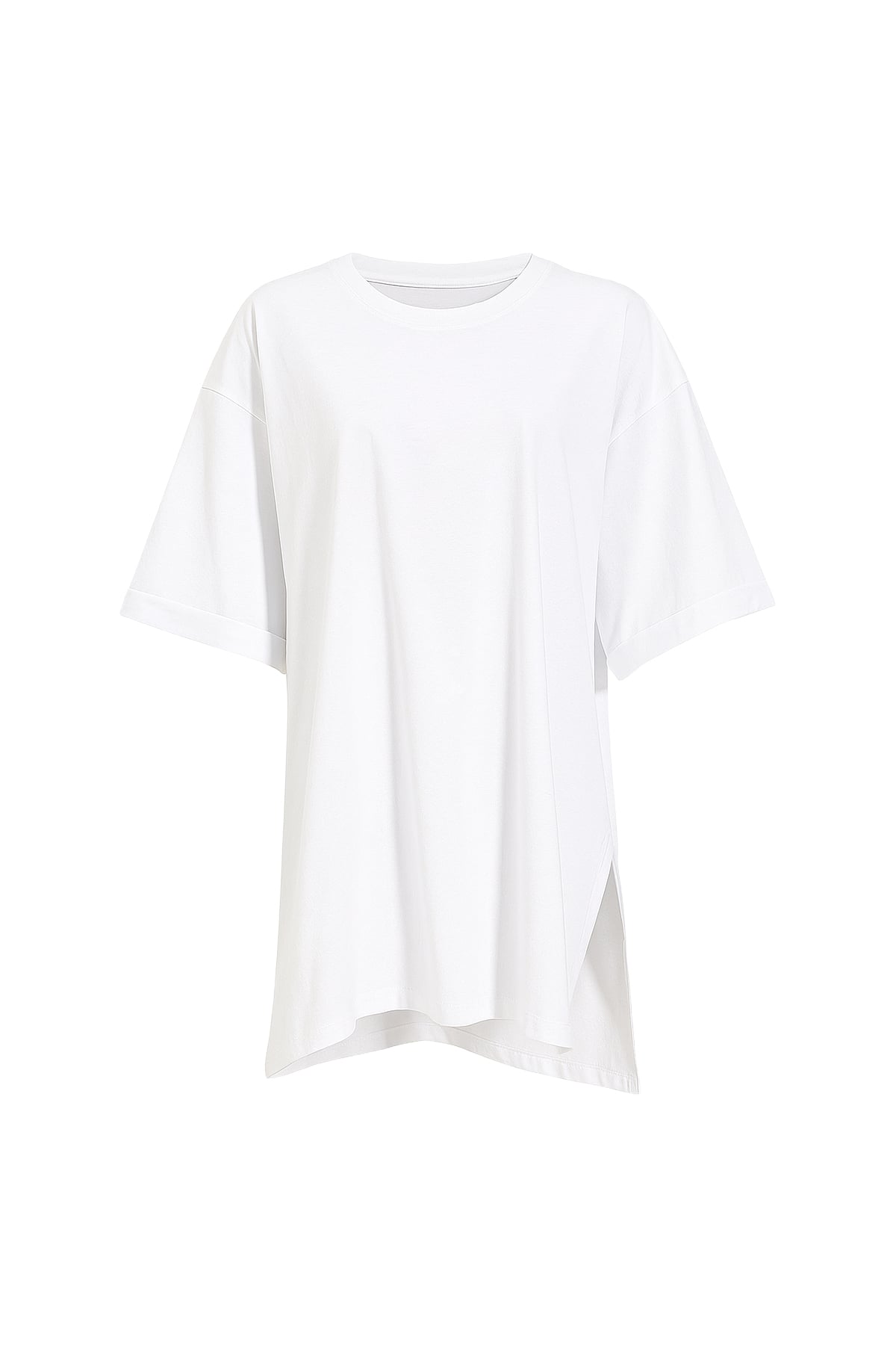 Bisiklet Yaka Duble Kol Oversize Pamuklu Basic Tişört - Beyaz