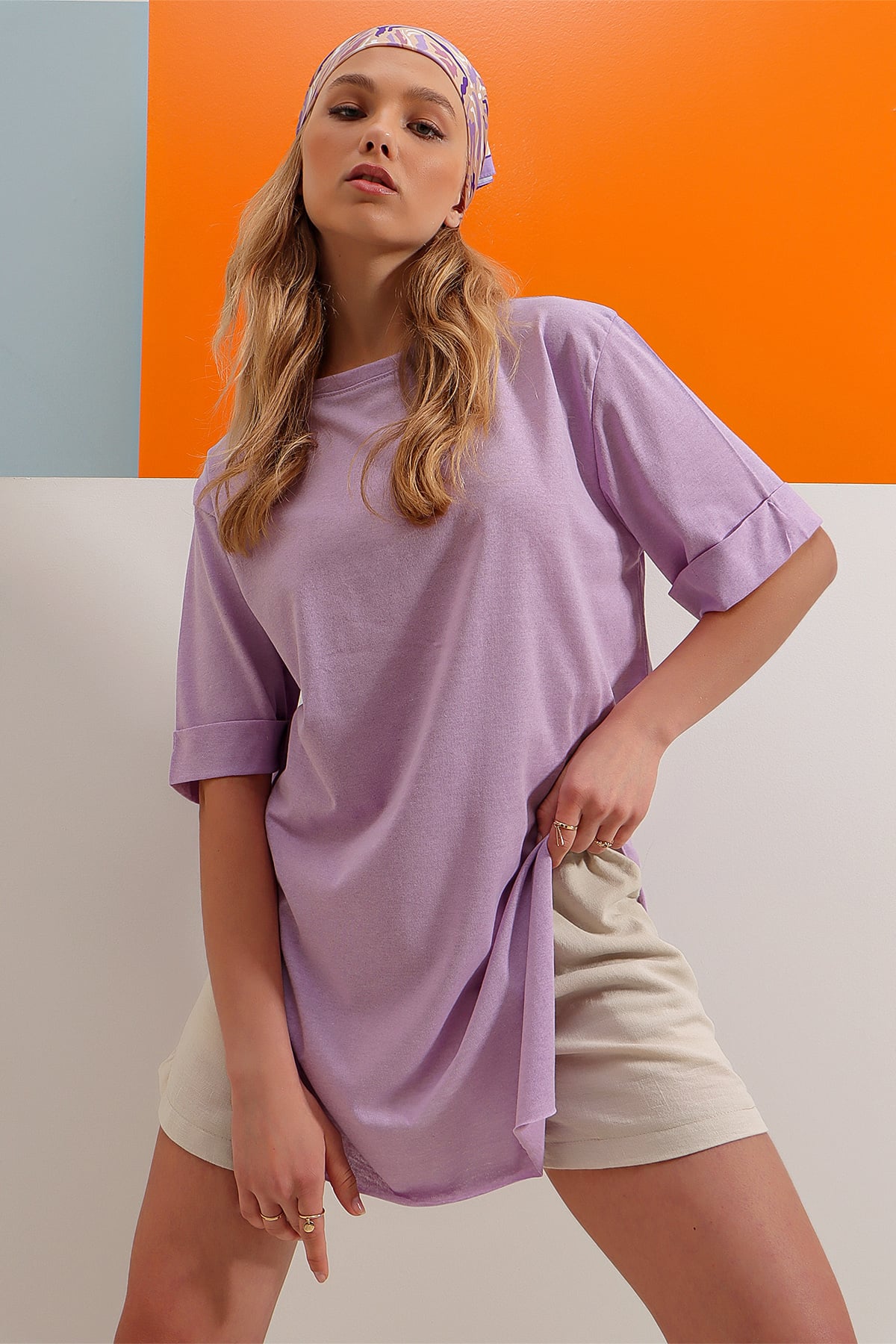 Bisiklet Yaka Duble Kol Oversize Pamuklu Basic T-Shirt - Lila