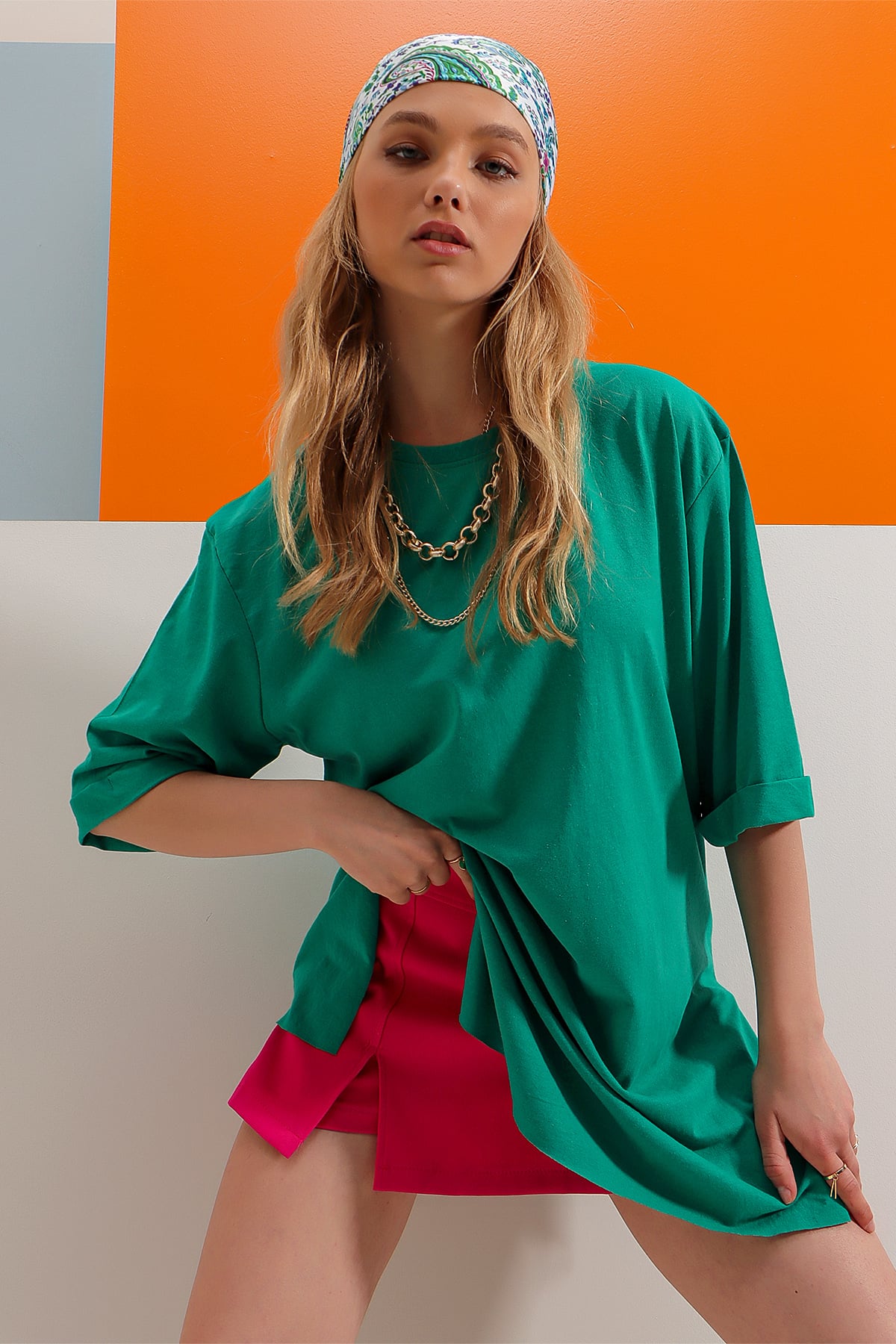 Bisiklet Yaka Duble Kol Oversize Pamuklu Basic T-Shirt - Yeşil