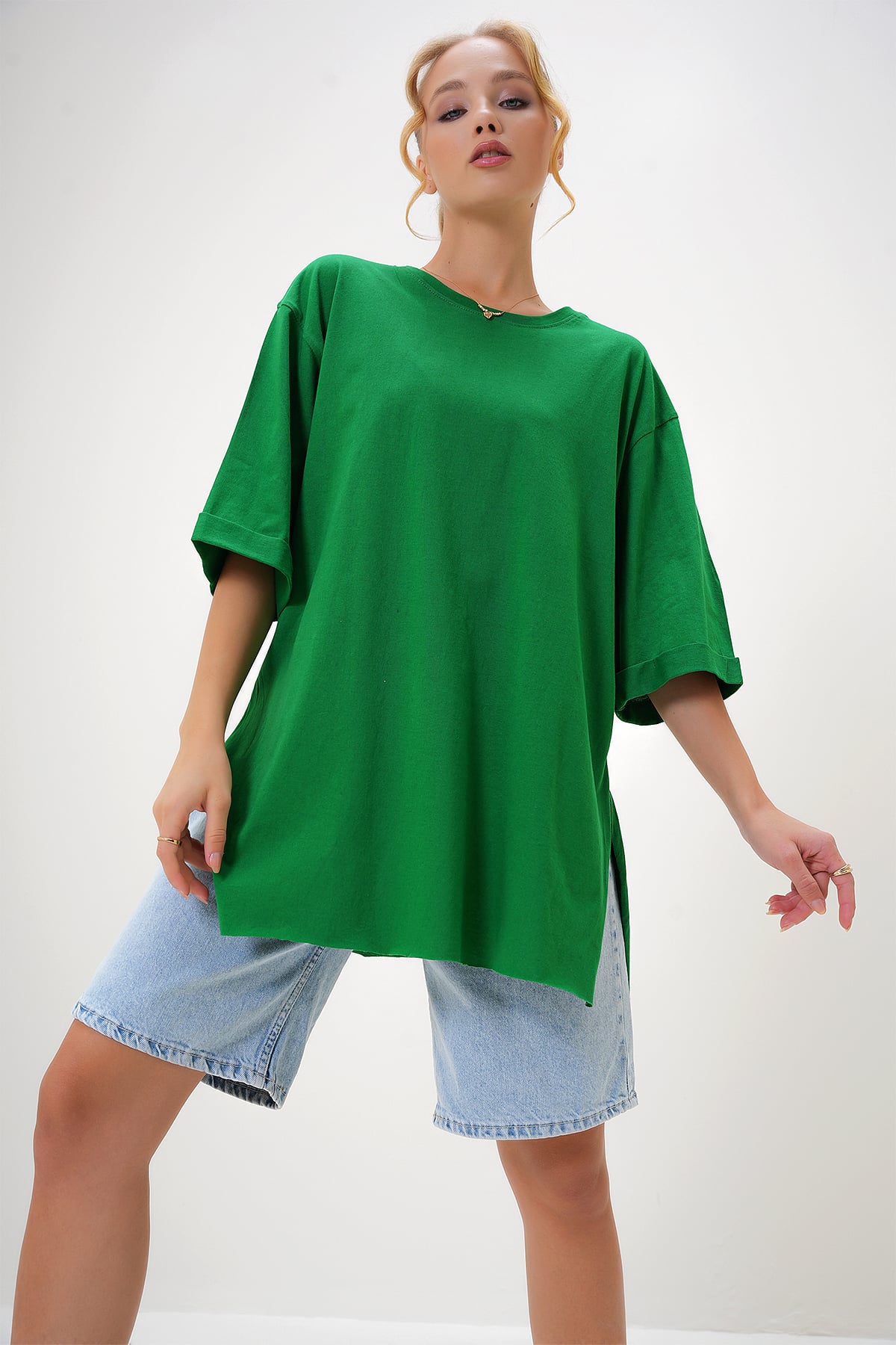 Bisiklet Yaka Duble Kol Oversize Pamuklu Basic T-Shirt - Koyu Yeşil