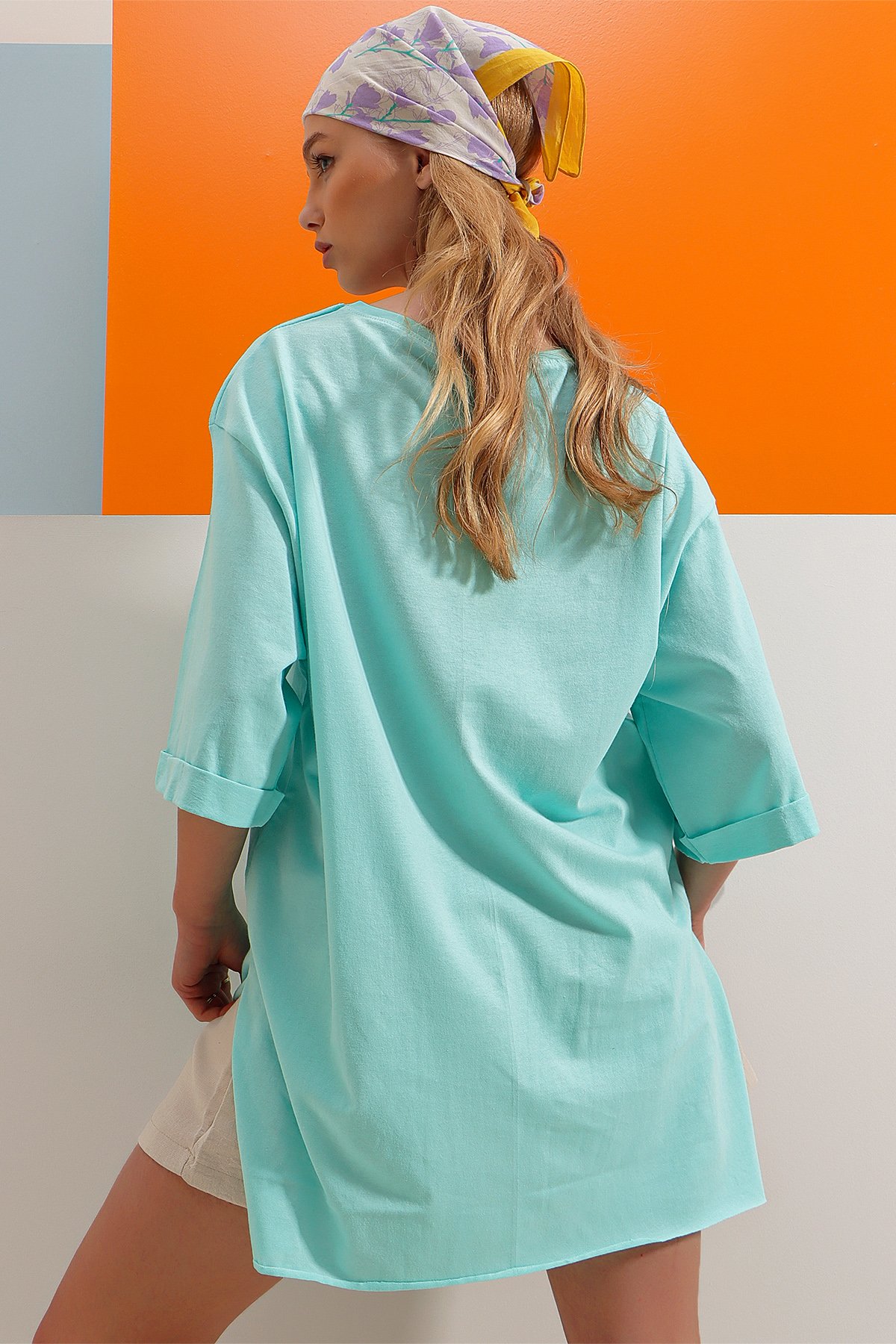 Bisiklet Yaka Duble Kol Oversize Pamuklu Basic T-Shirt - Su Yeşili