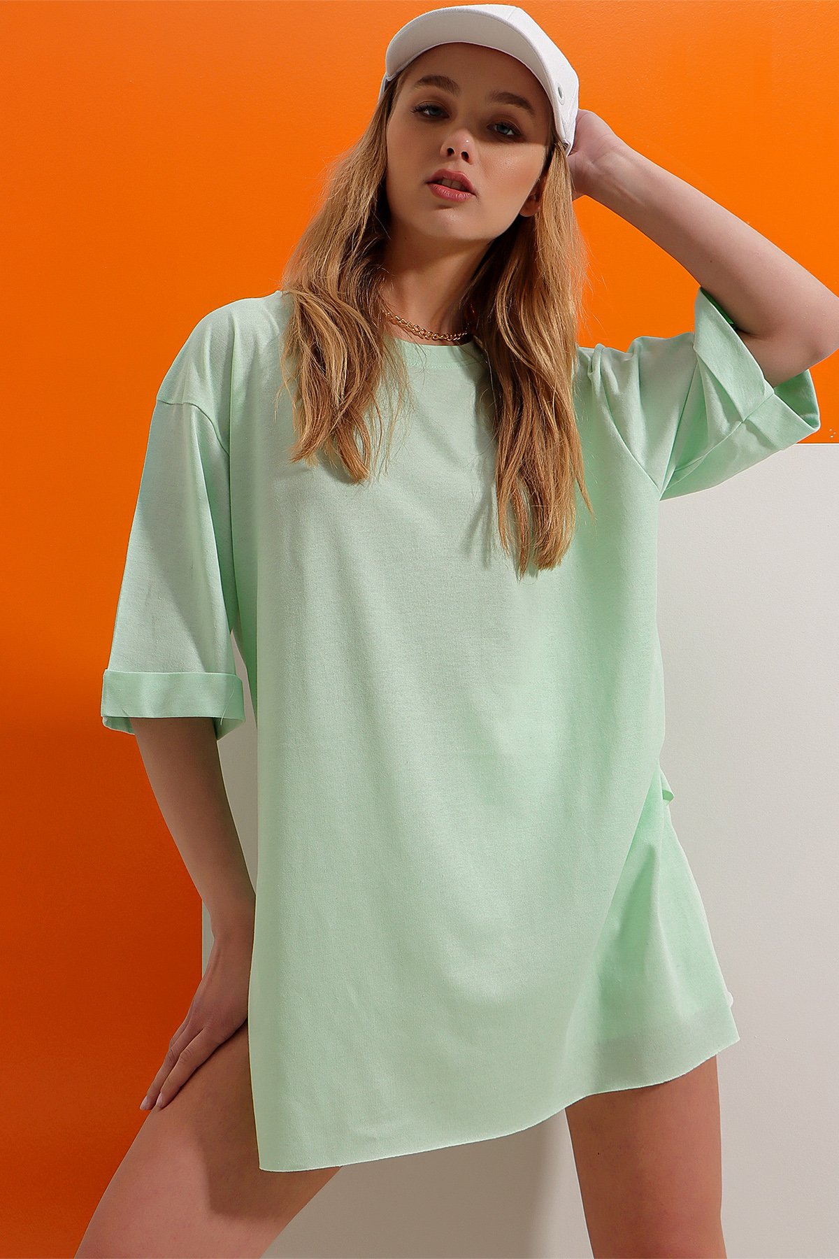 Bisiklet Yaka Duble Kol Oversize Pamuklu Basic T-Shirt - Mint