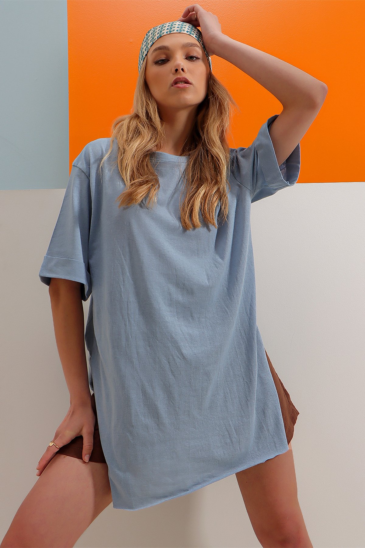 Bisiklet Yaka Duble Kol Oversize Pamuklu Basic T-Shirt - Gök Mavi