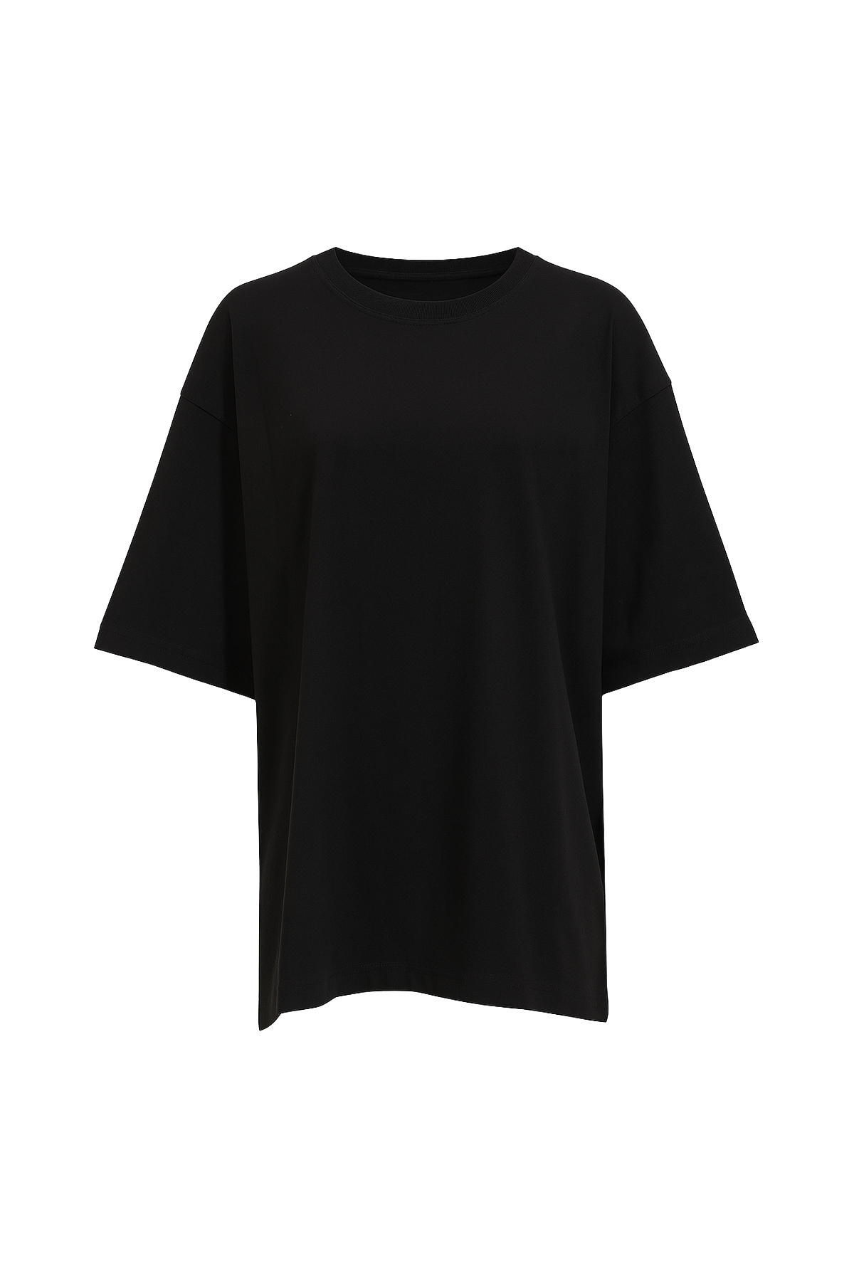 Bisiklet Yaka Duble Kol Oversize Pamuklu Basic Tişört - Siyah