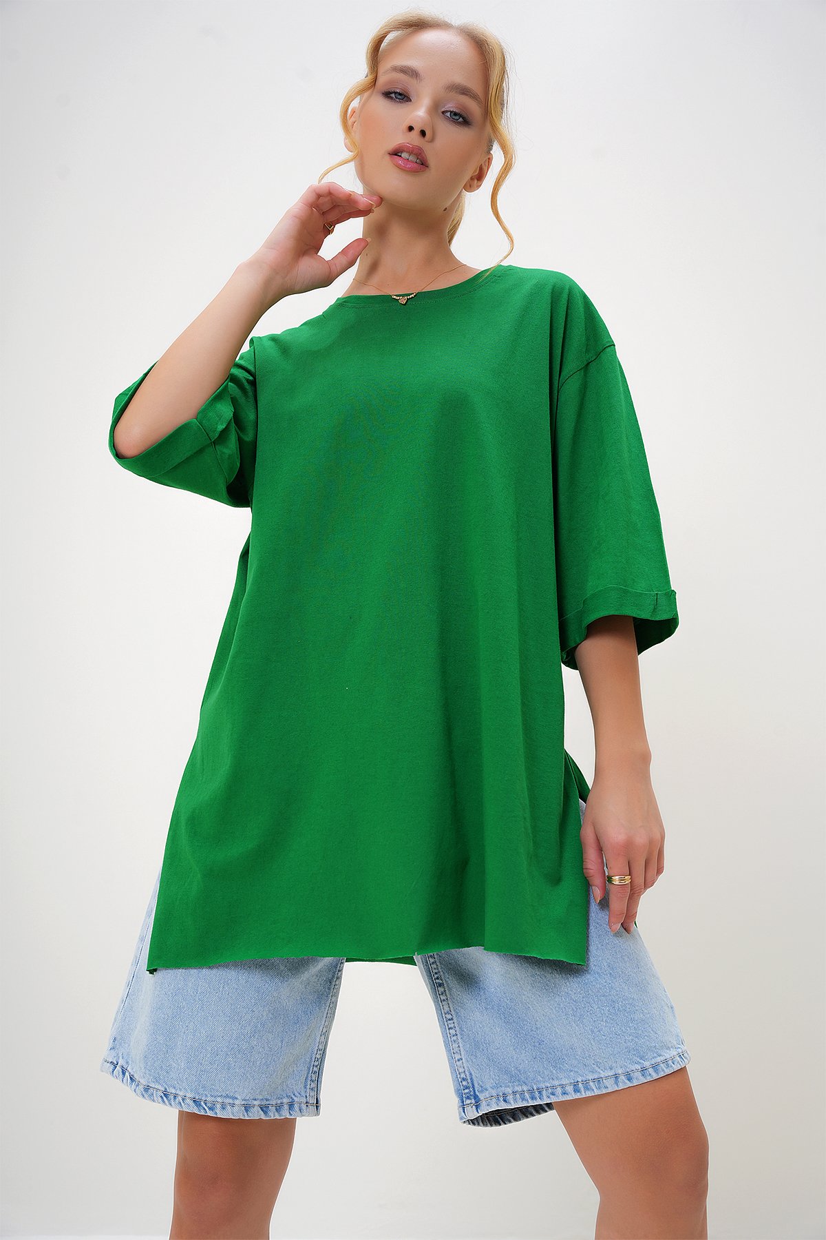 Bisiklet Yaka Duble Kol Oversize Pamuklu Basic T-Shirt - Koyu Yeşil
