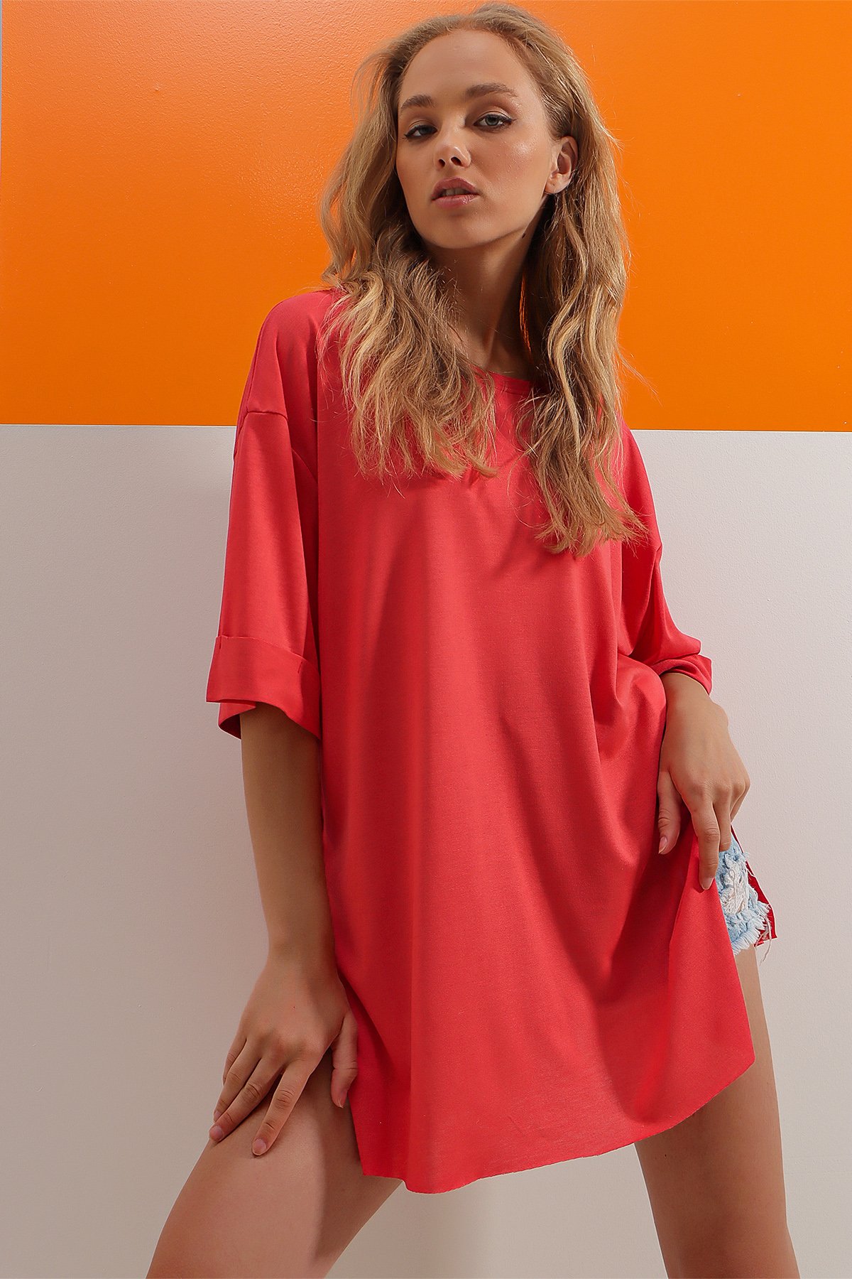 Bisiklet Yaka Duble Kol Oversize Pamuklu Basic T-Shirt - Mercan