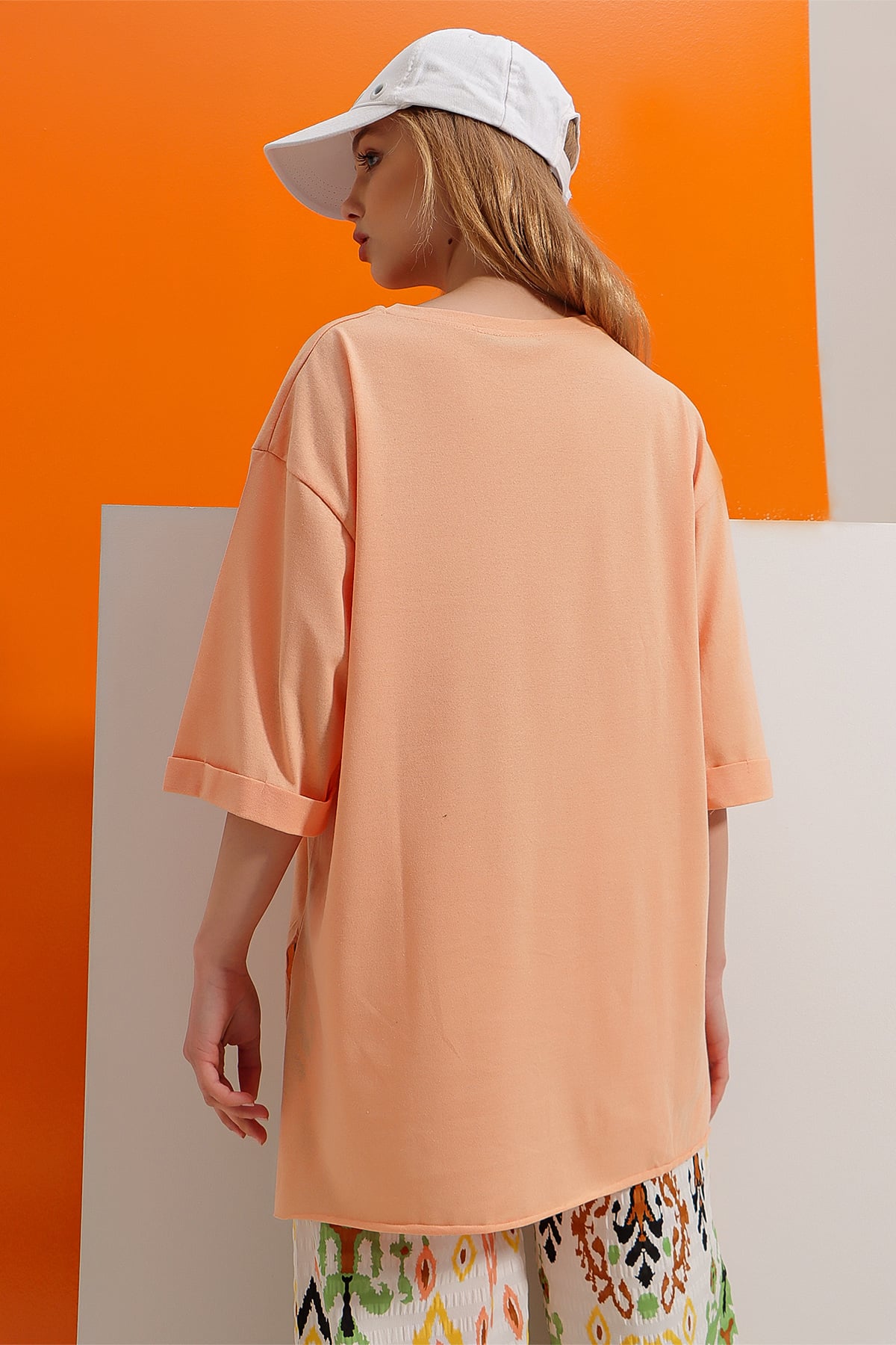 Bisiklet Yaka Duble Kol Oversize Pamuklu Basic T-Shirt - Somon