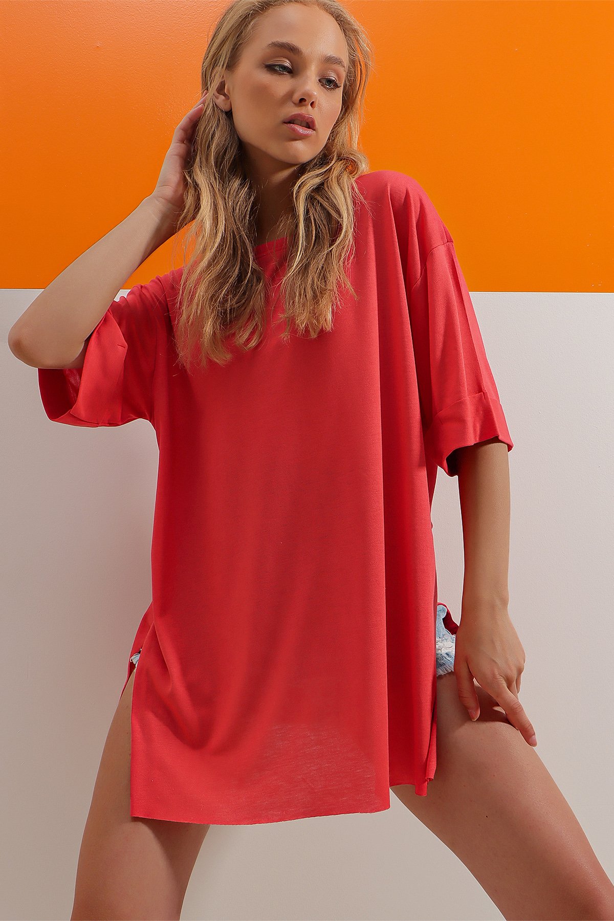 Bisiklet Yaka Duble Kol Oversize Pamuklu Basic T-Shirt - Mercan