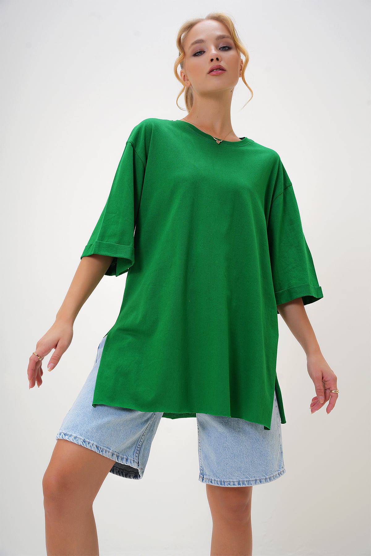 Bisiklet Yaka Duble Kol Oversize Pamuklu Basic T-Shirt - Koyu Yeşil
