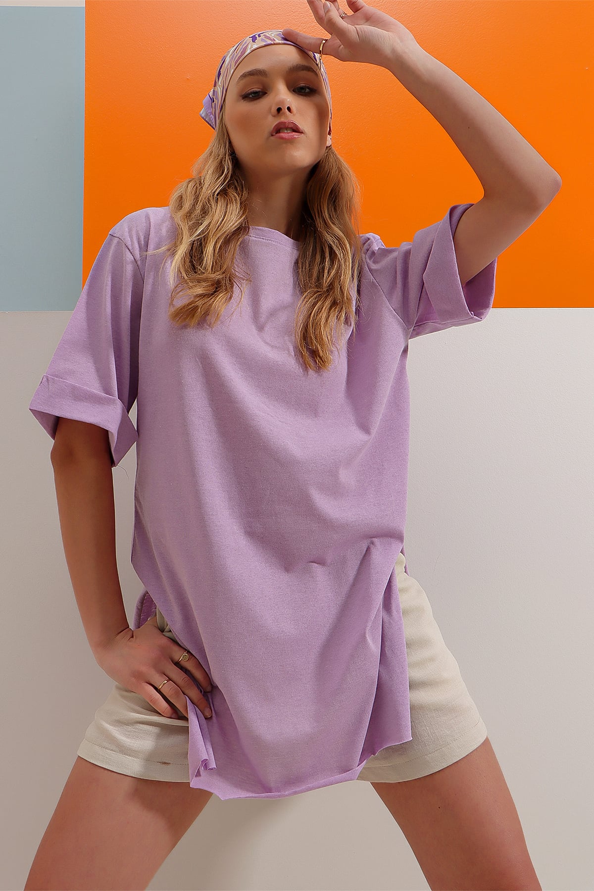 Bisiklet Yaka Duble Kol Oversize Pamuklu Basic T-Shirt - Lila