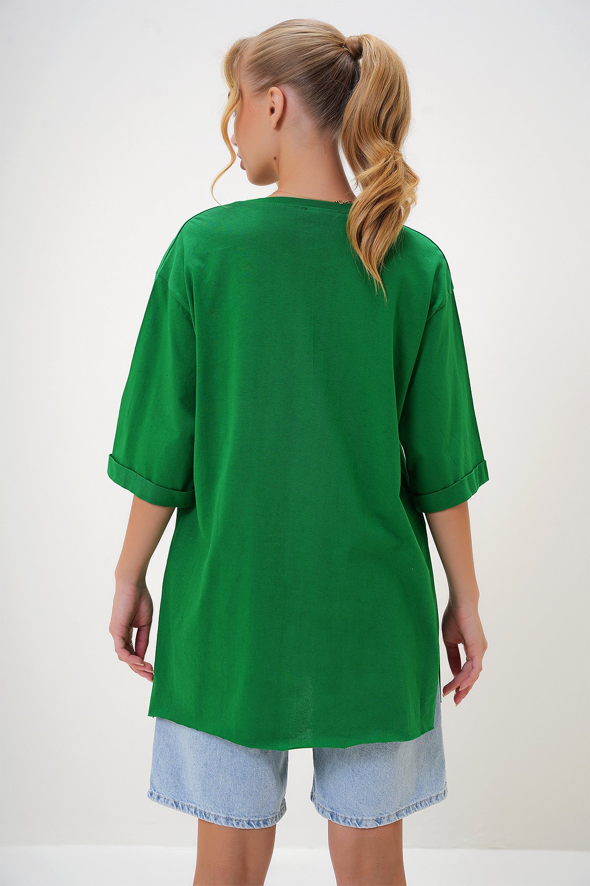 Bisiklet Yaka Duble Kol Oversize Pamuklu Basic T-Shirt - Koyu Yeşil