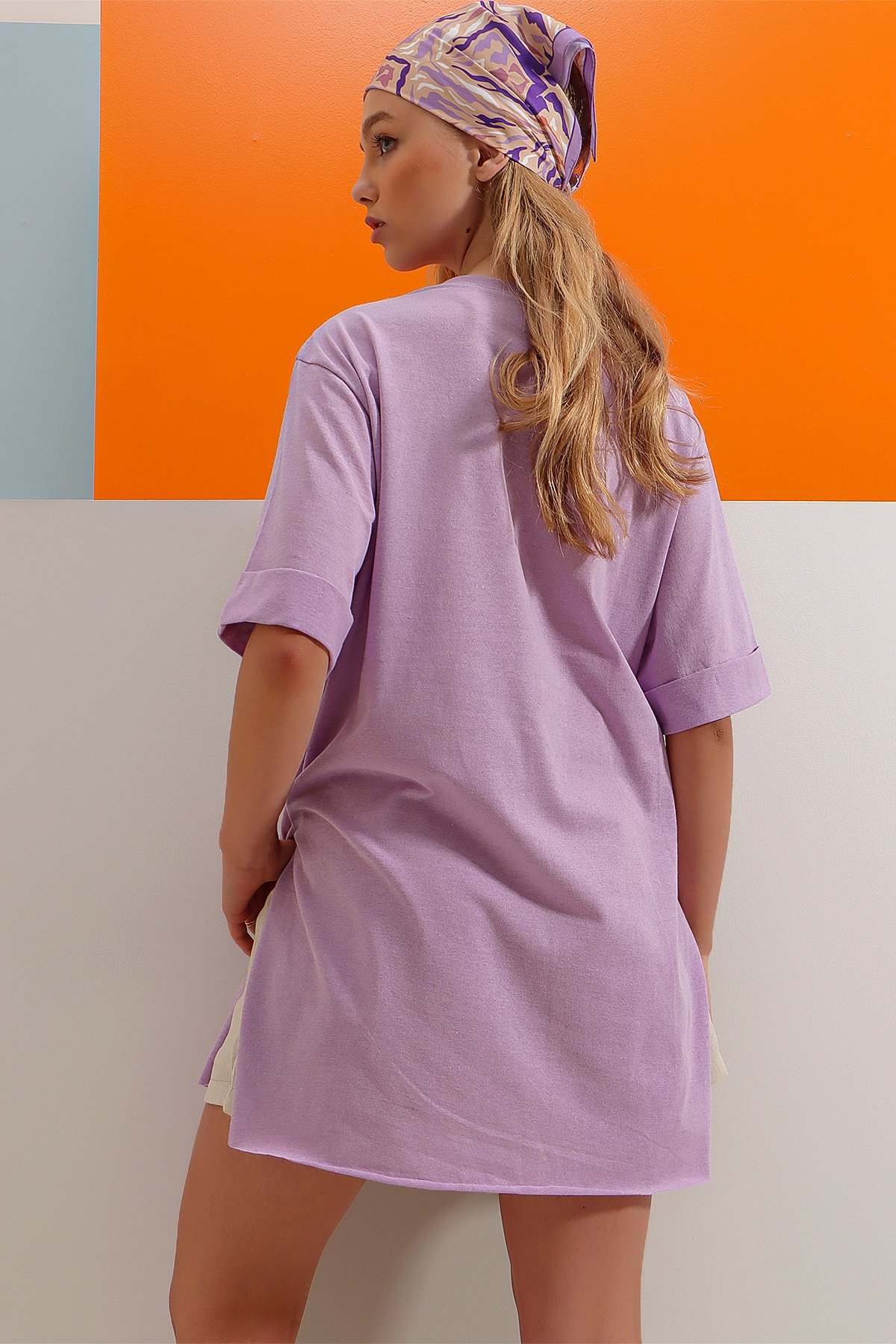 Bisiklet Yaka Duble Kol Oversize Pamuklu Basic T-Shirt - Lila