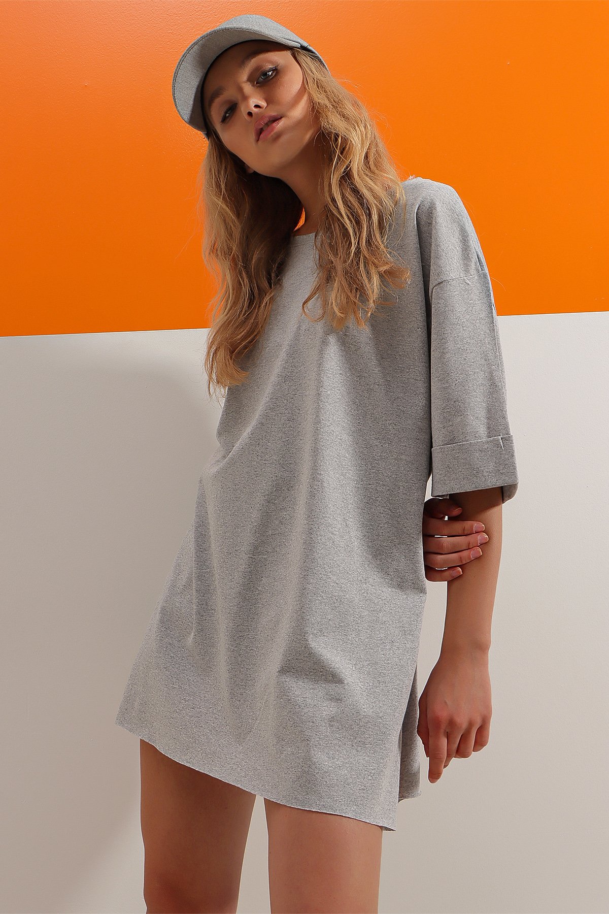 Bisiklet Yaka Duble Kol Oversize Pamuklu Basic T-Shirt - Gri