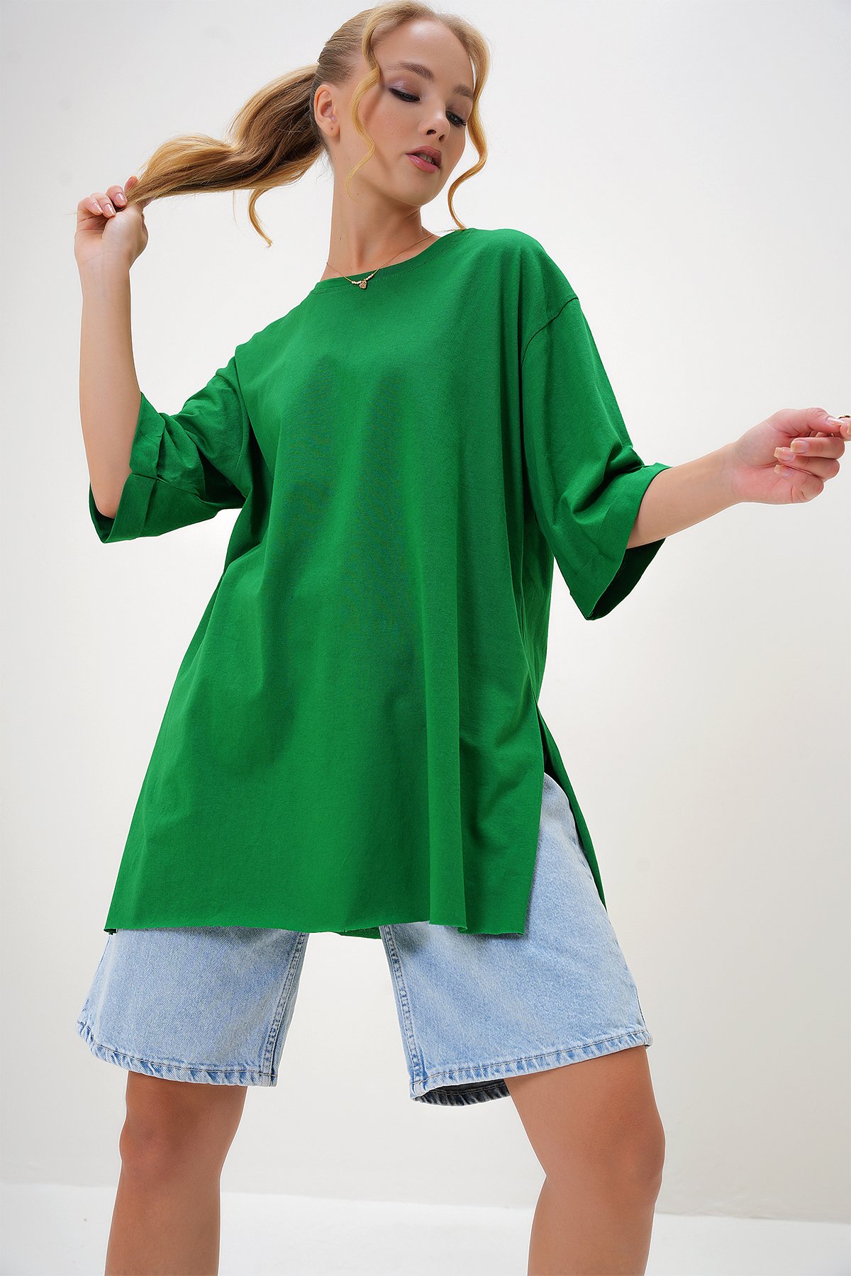 Bisiklet Yaka Duble Kol Oversize Pamuklu Basic T-Shirt - Koyu Yeşil