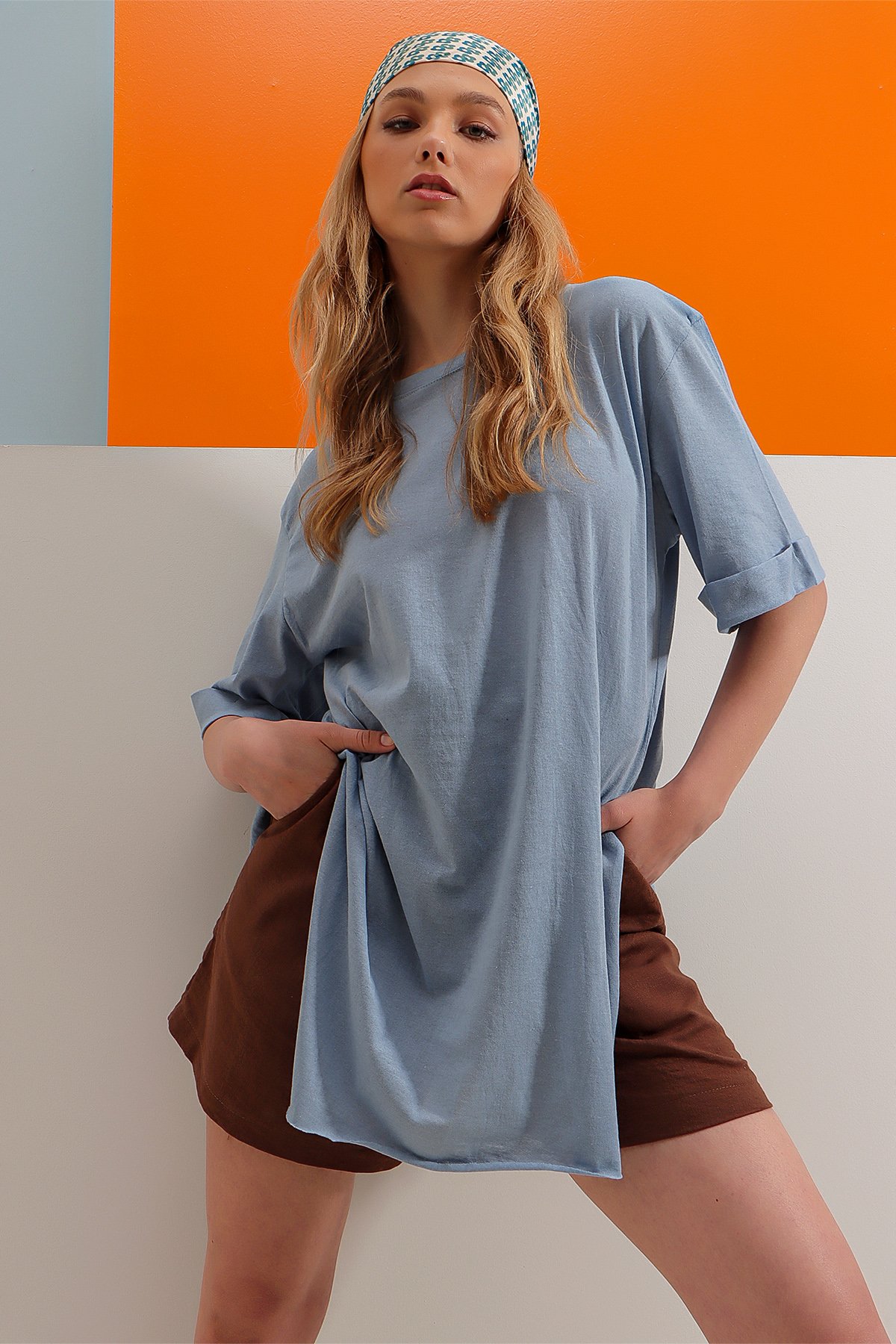 Bisiklet Yaka Duble Kol Oversize Pamuklu Basic T-Shirt - Gök Mavi