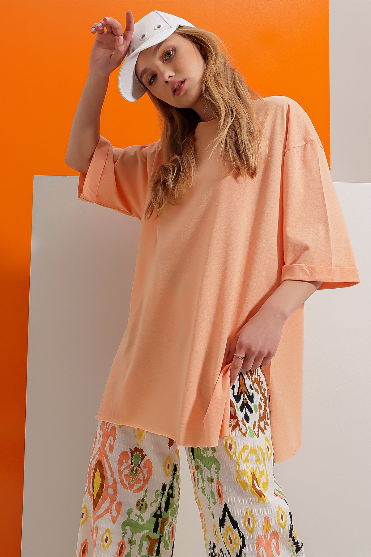 Bisiklet Yaka Duble Kol Oversize Pamuklu Basic T-Shirt - Somon
