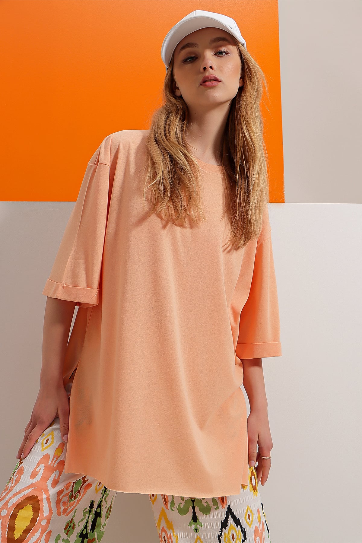 Bisiklet Yaka Duble Kol Oversize Pamuklu Basic T-Shirt - Somon