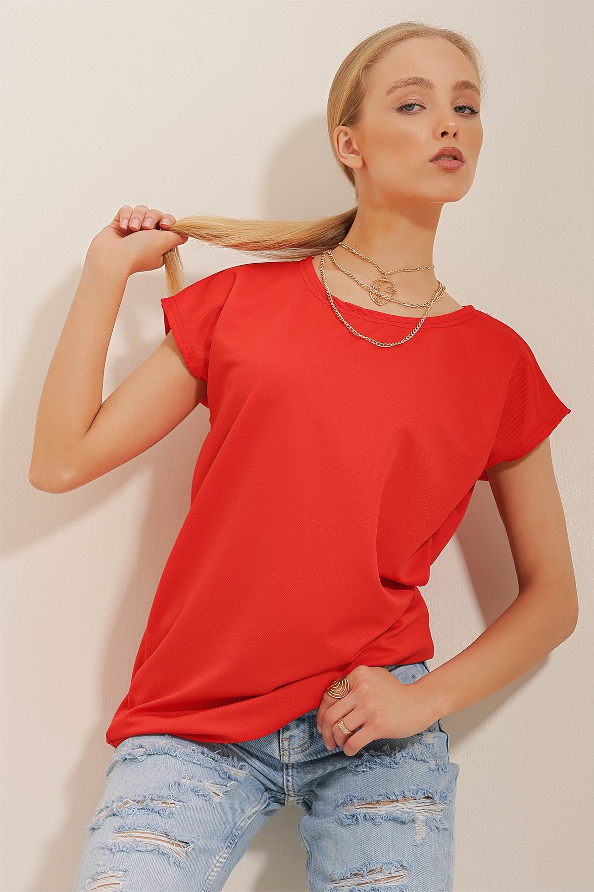 Bisiklet Yaka Düşük Kol T-Shirt - Mercan