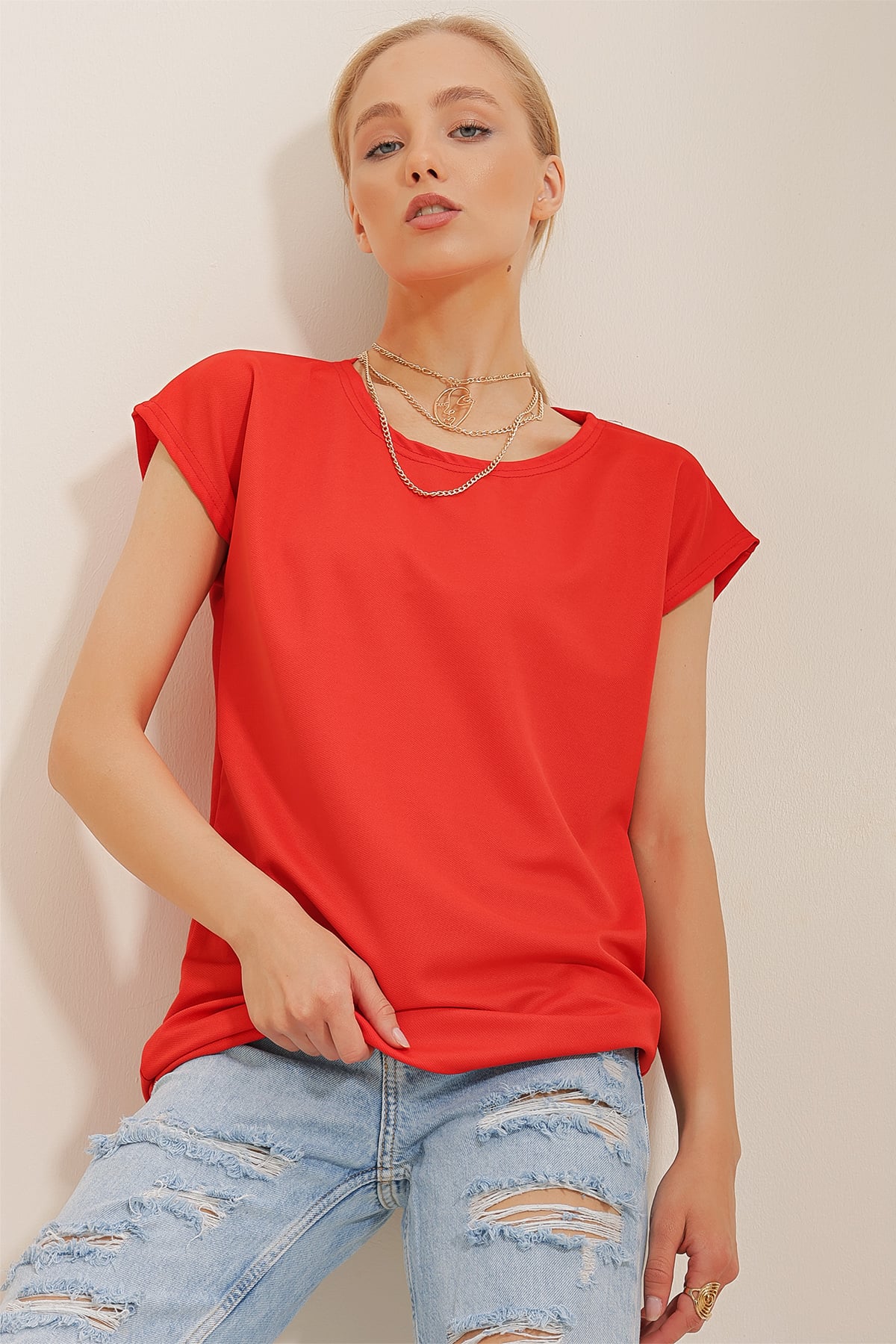 Bisiklet Yaka Düşük Kol T-Shirt - Mercan