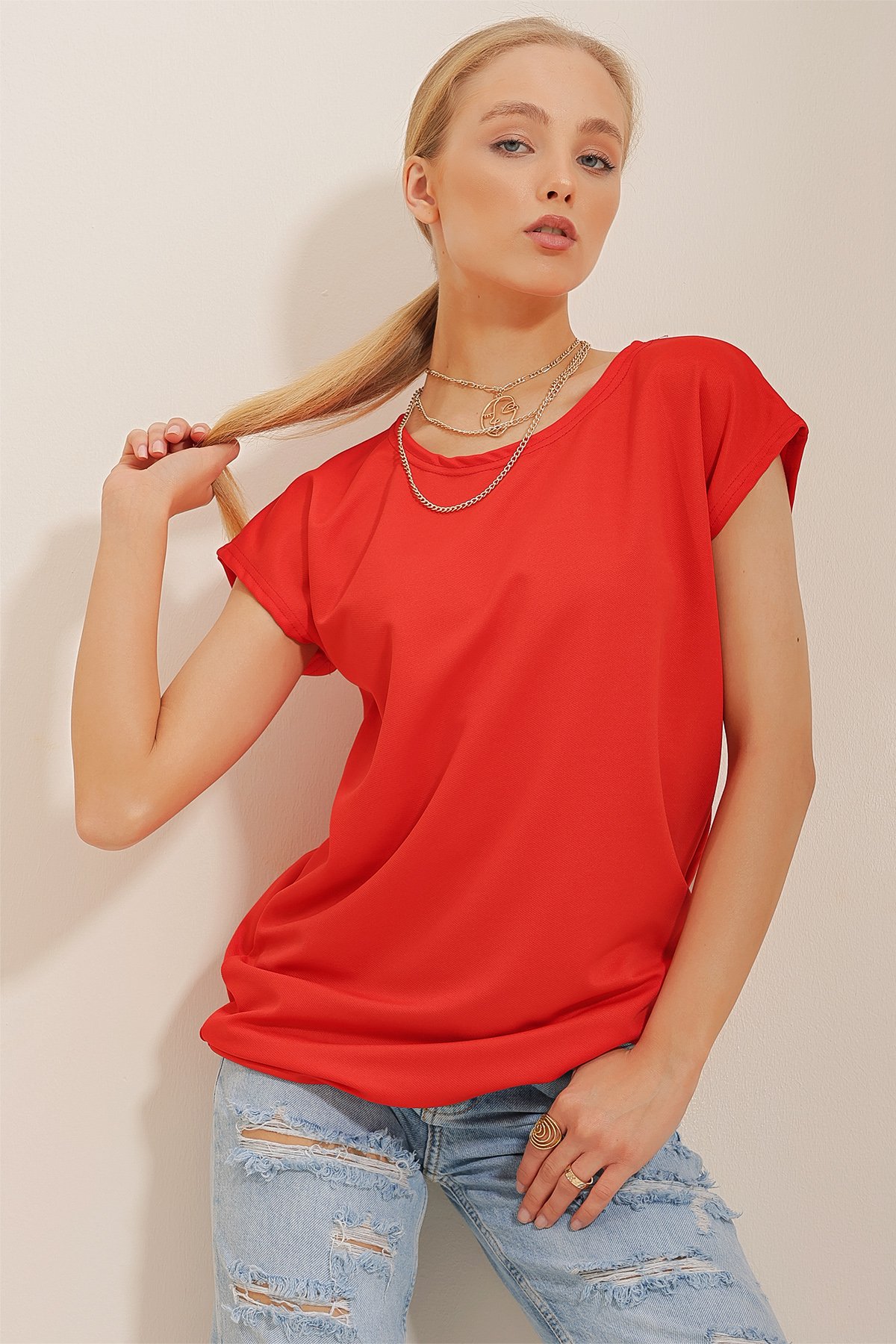 Bisiklet Yaka Düşük Kol T-Shirt - Mercan