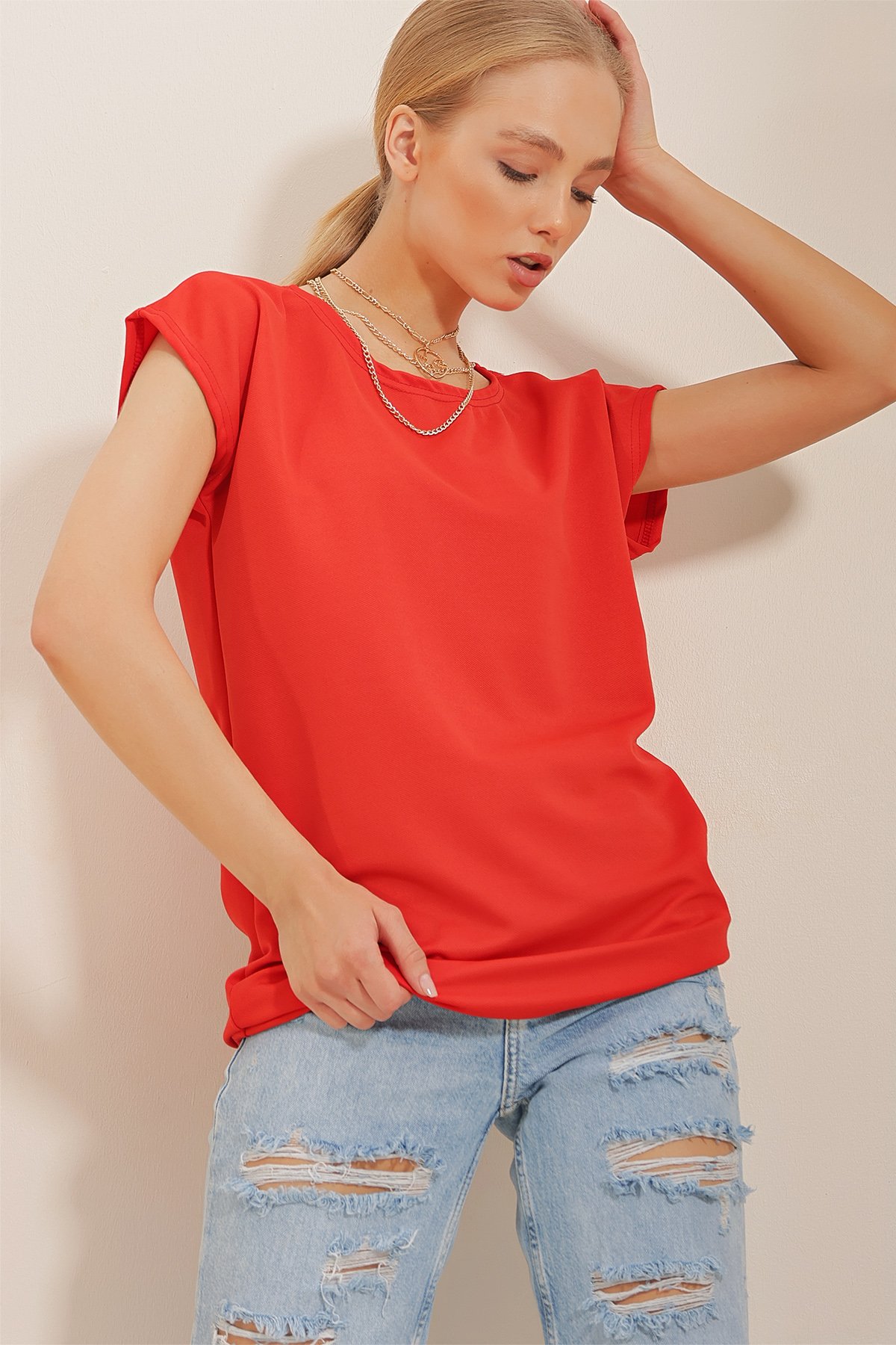 Bisiklet Yaka Düşük Kol T-Shirt - Mercan
