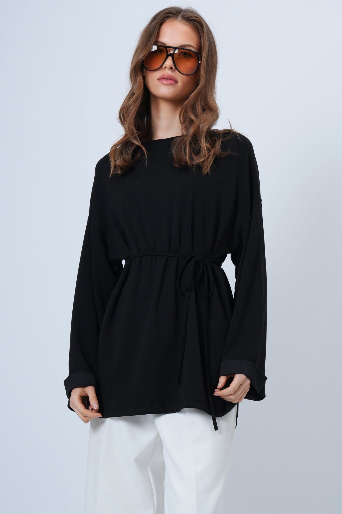 Bisiklet Yaka Düşük Omuz Oversize Sweatshirt - SİYAH