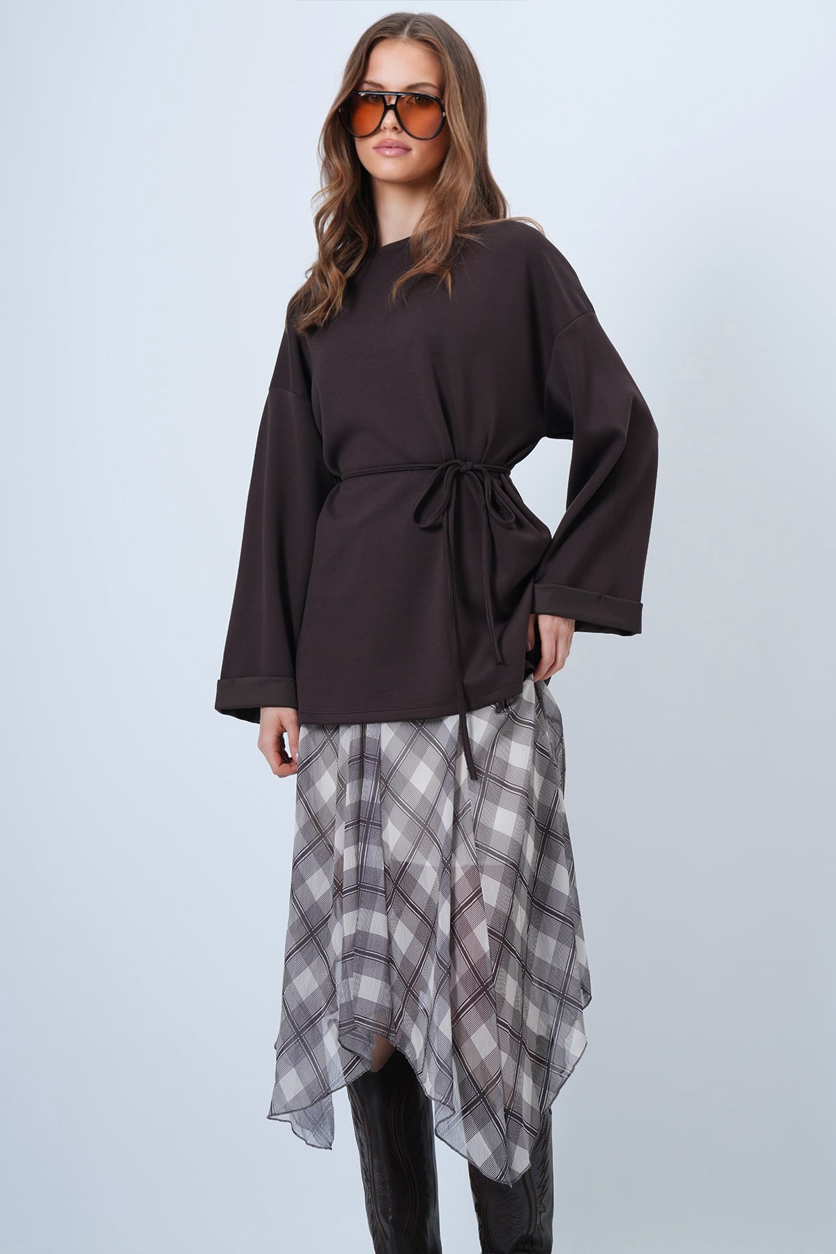 Bisiklet Yaka Düşük Omuz Oversize Sweatshirt - ACI KAHVE