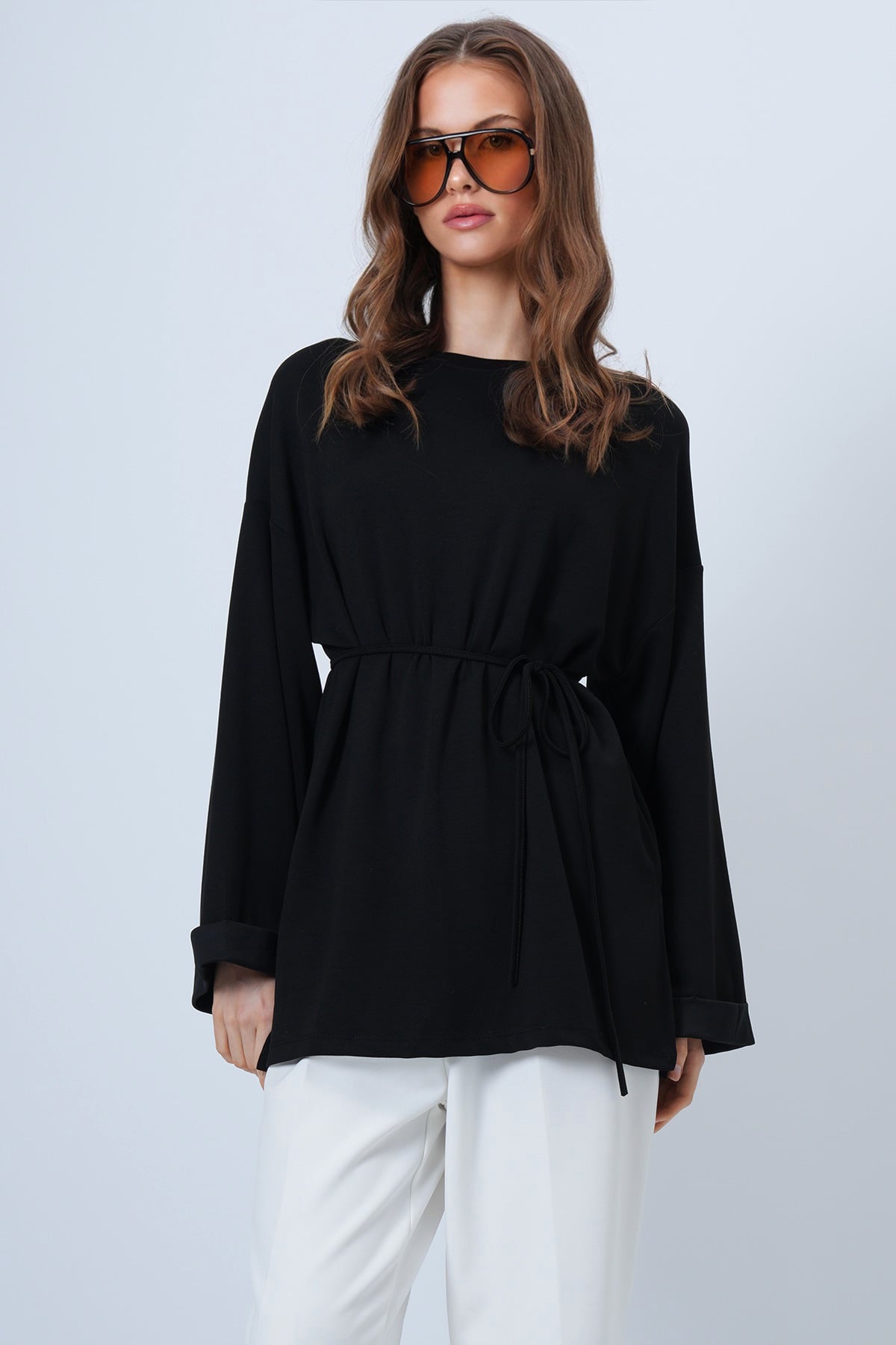 Bisiklet Yaka Düşük Omuz Oversize Sweatshirt - SİYAH