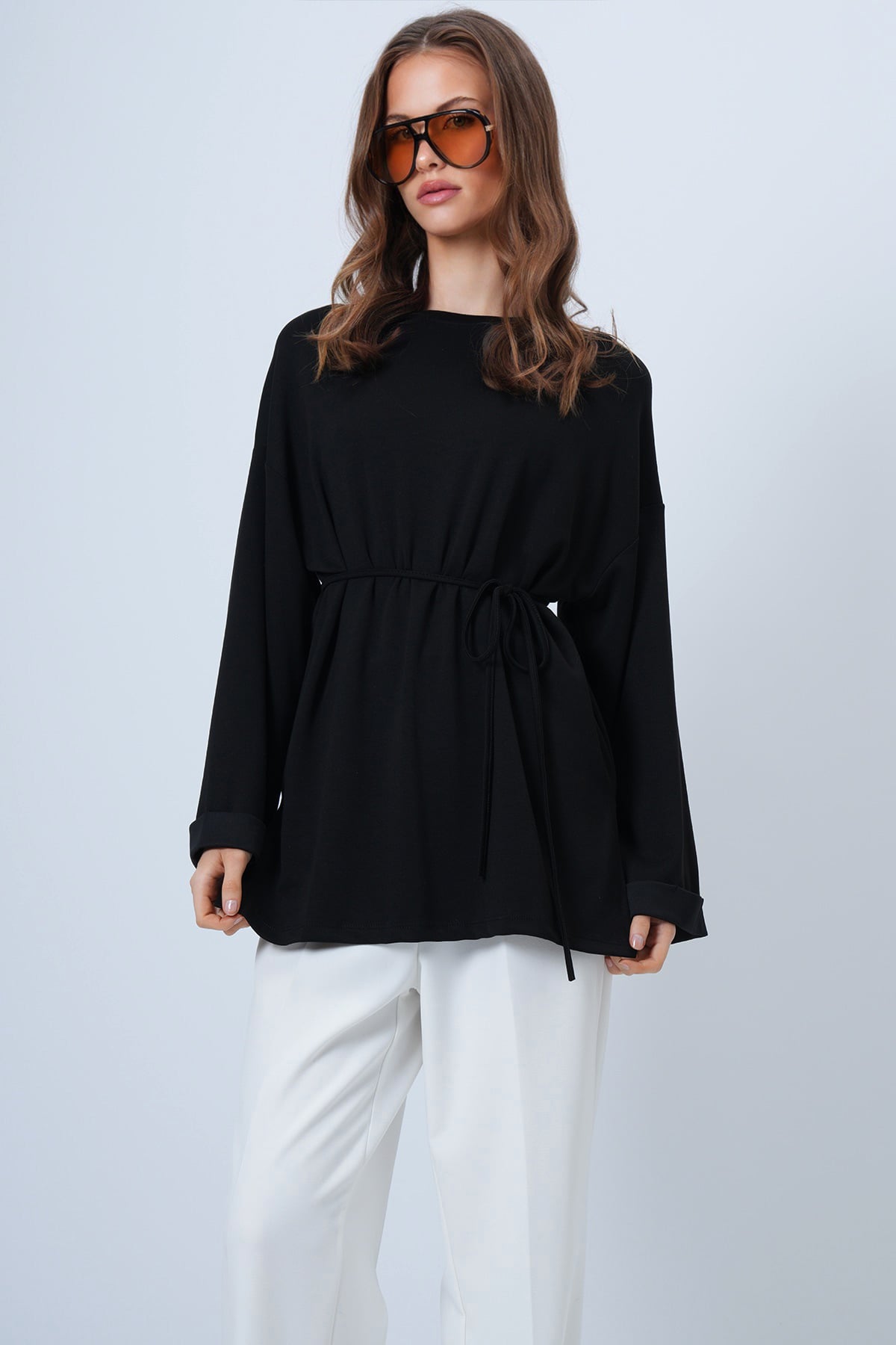 Bisiklet Yaka Düşük Omuz Oversize Sweatshirt - SİYAH
