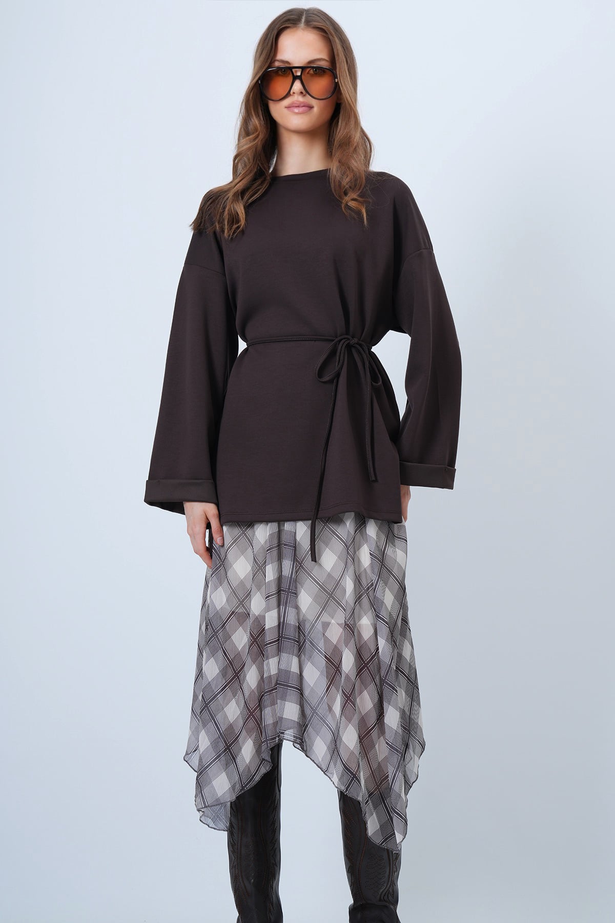 Bisiklet Yaka Düşük Omuz Oversize Sweatshirt - ACI KAHVE