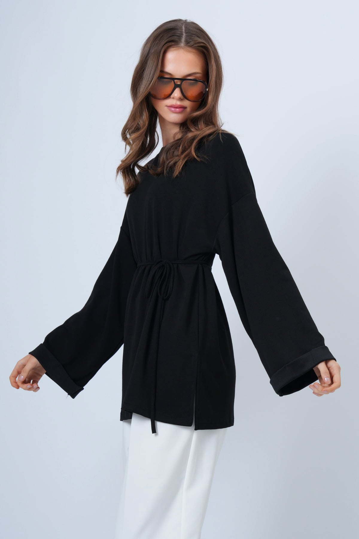 Bisiklet Yaka Düşük Omuz Oversize Sweatshirt - SİYAH
