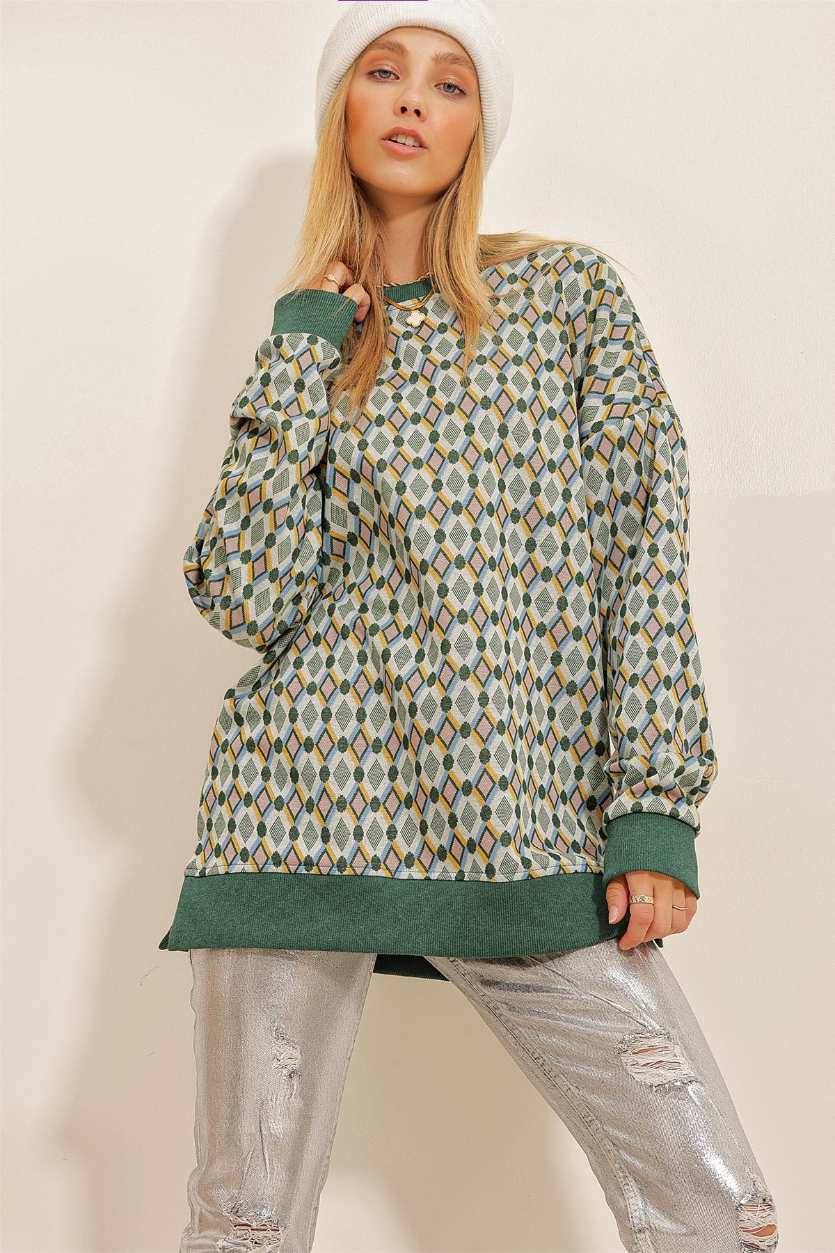 Bisiklet Yaka Etnik Desenli Yırtmaçlı Sweatshirt - Yeşil