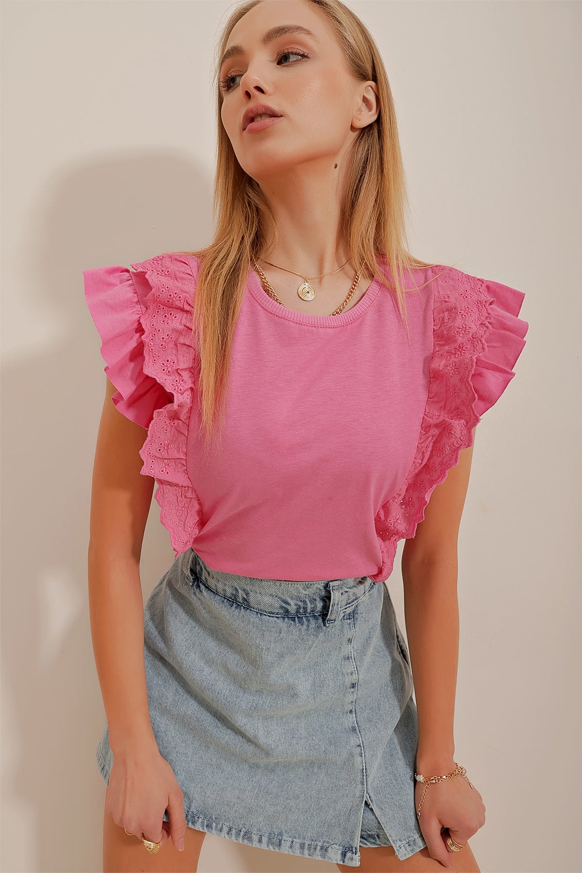 Bisiklet Yaka Fisto Detaylı Bluz - Pembe