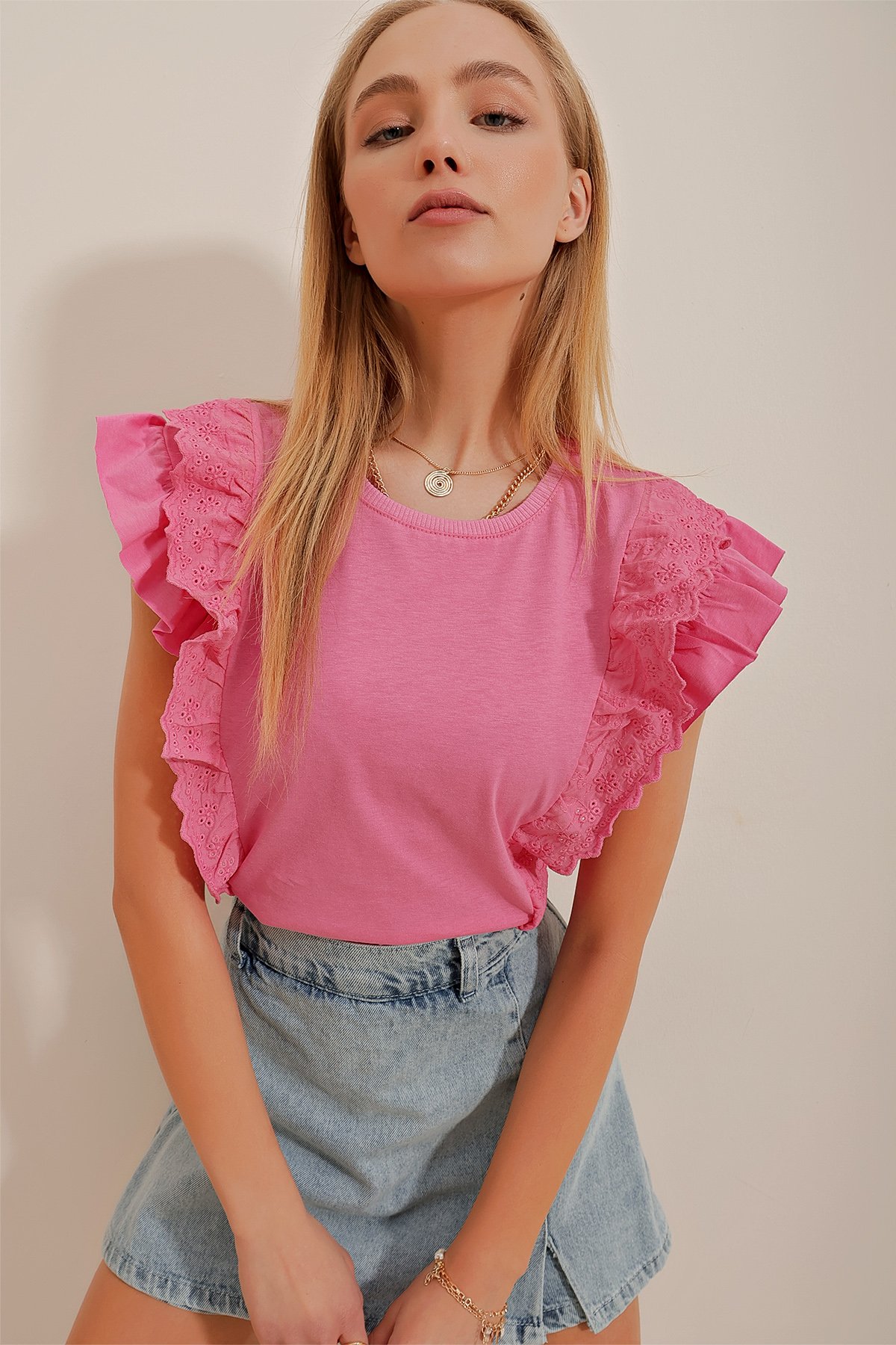 Bisiklet Yaka Fisto Detaylı Bluz - Pembe