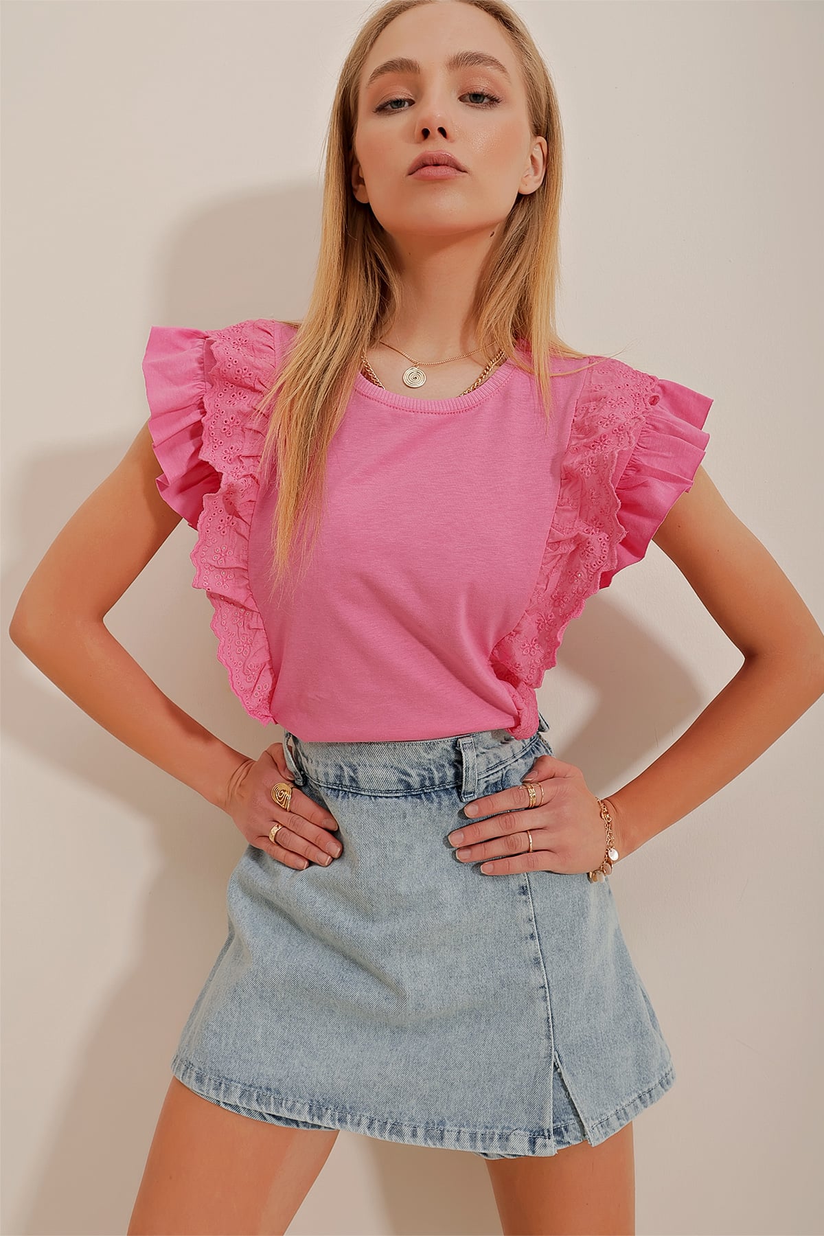 Bisiklet Yaka Fisto Detaylı Bluz - Pembe