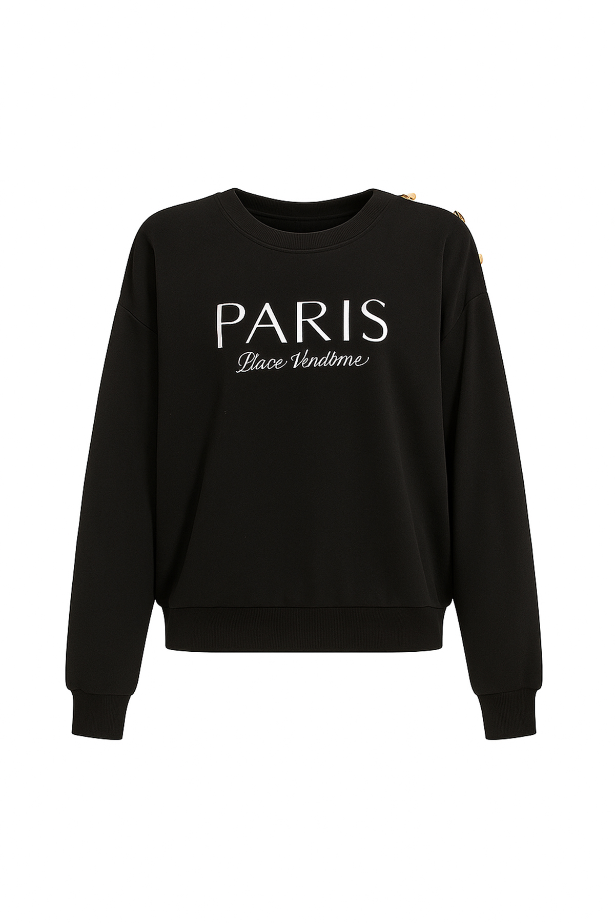 Bisiklet Yaka Gold Düğme Detaylı Nakışlı Sweatshirt - Siyah