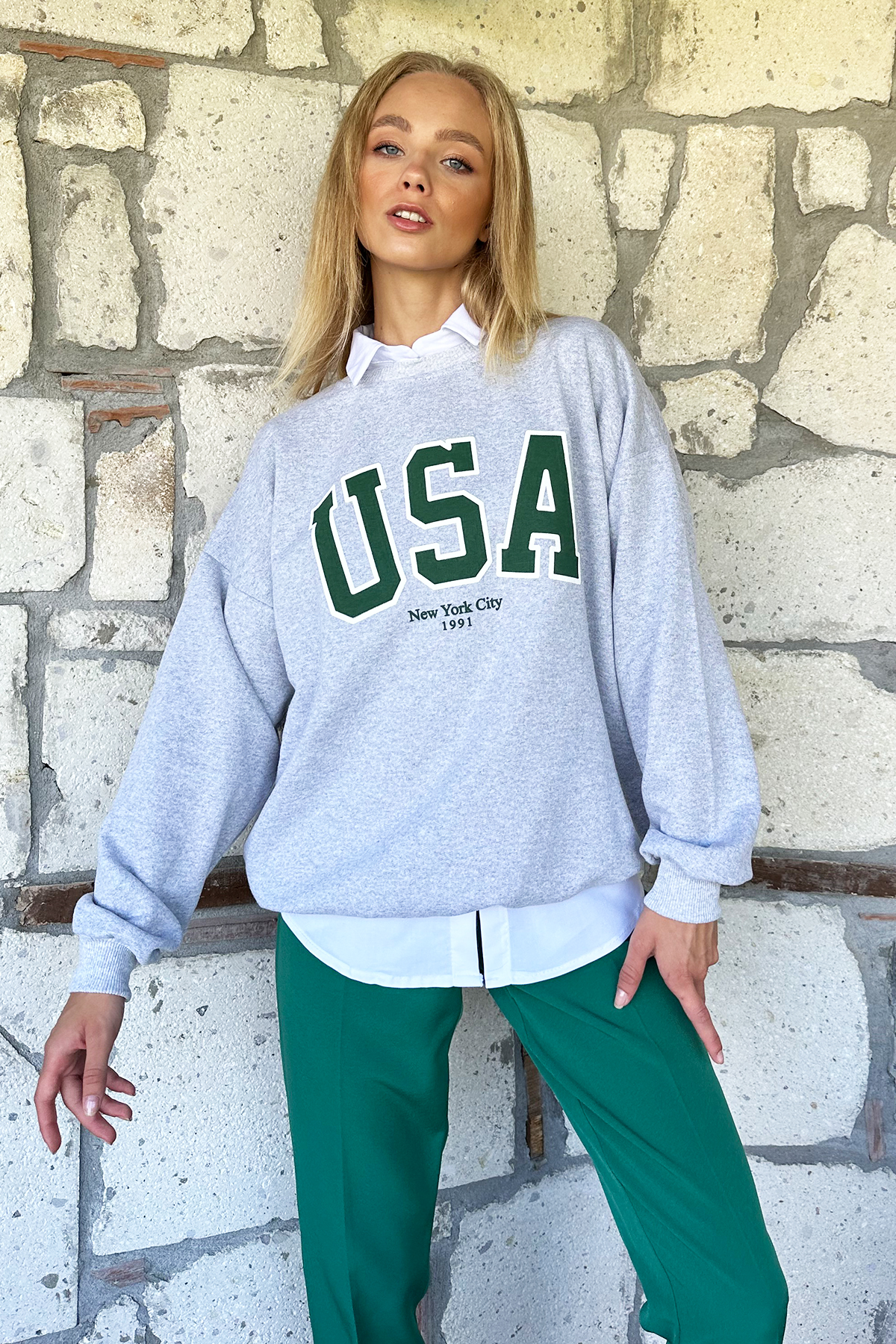 Bisiklet Yaka İçi Şardonlu Oversize Sweatshirt - Gri-Yeşil