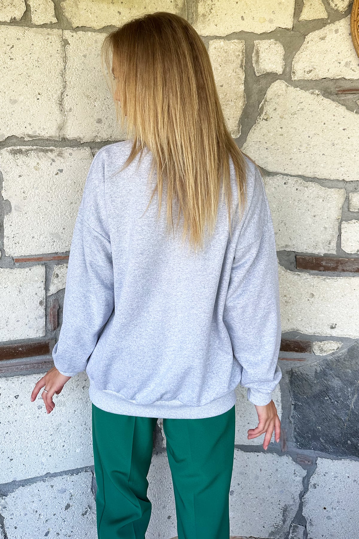 Bisiklet Yaka İçi Şardonlu Oversize Sweatshirt - Gri-Yeşil
