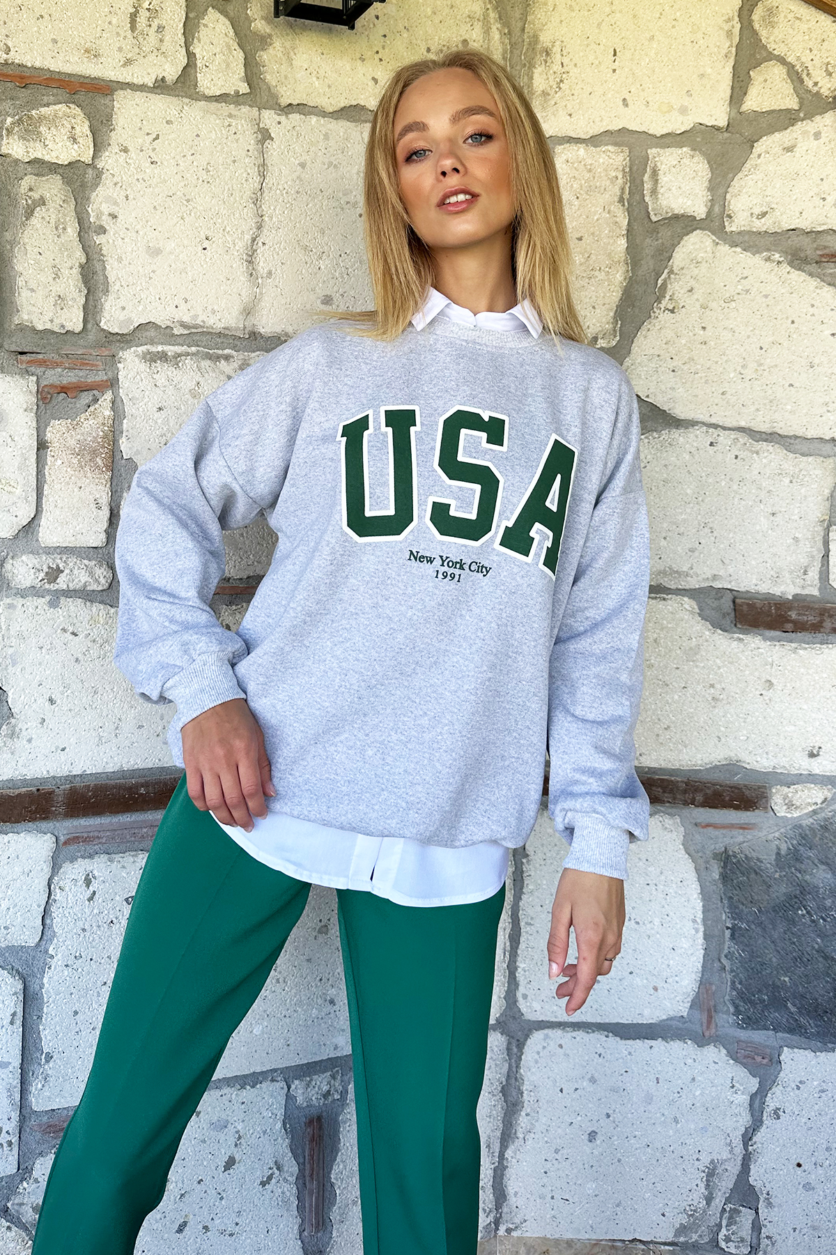 Bisiklet Yaka İçi Şardonlu Oversize Sweatshirt - Gri-Yeşil