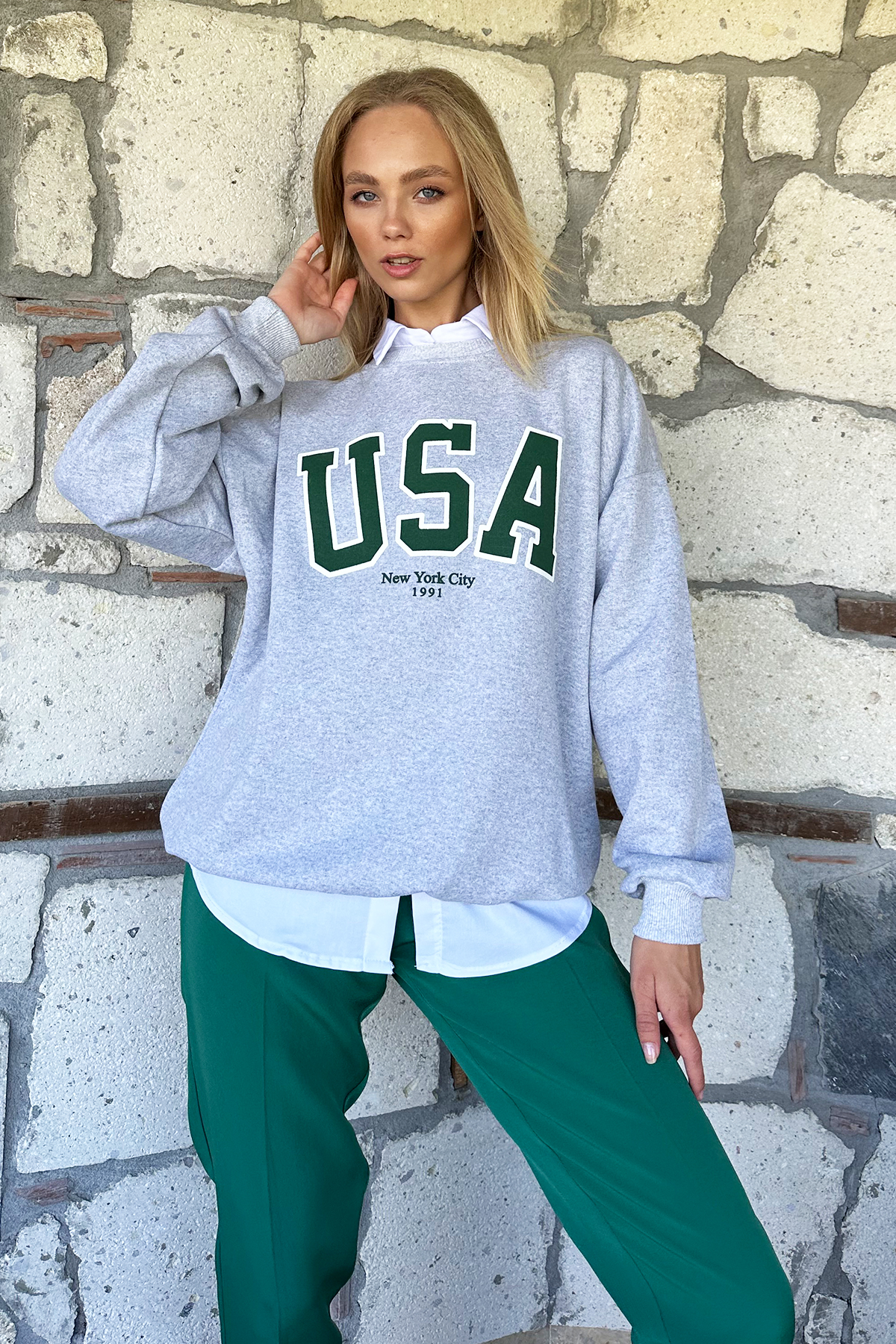 Bisiklet Yaka İçi Şardonlu Oversize Sweatshirt - Gri-Yeşil