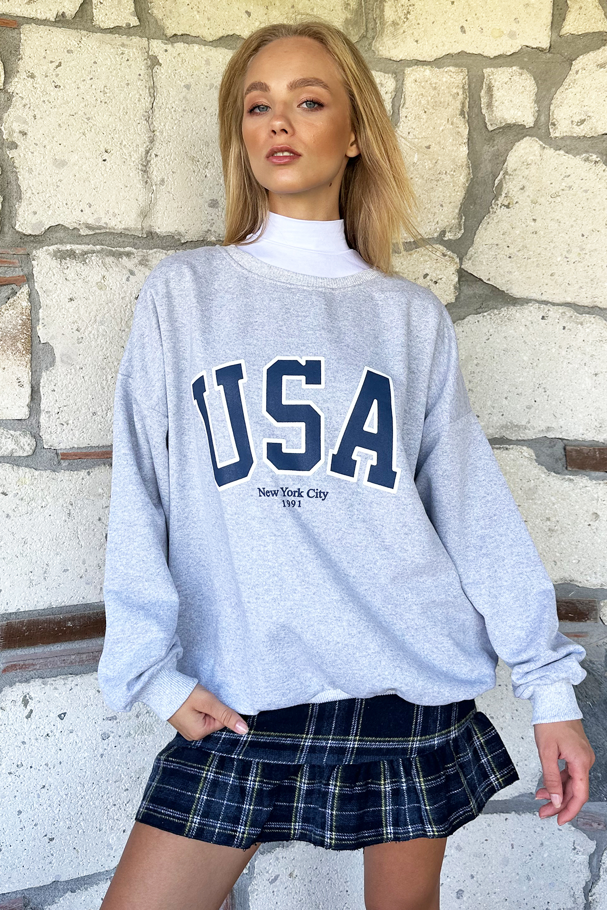 Bisiklet Yaka İçi Şardonlu Oversize Sweatshirt - Gri-Lacivert